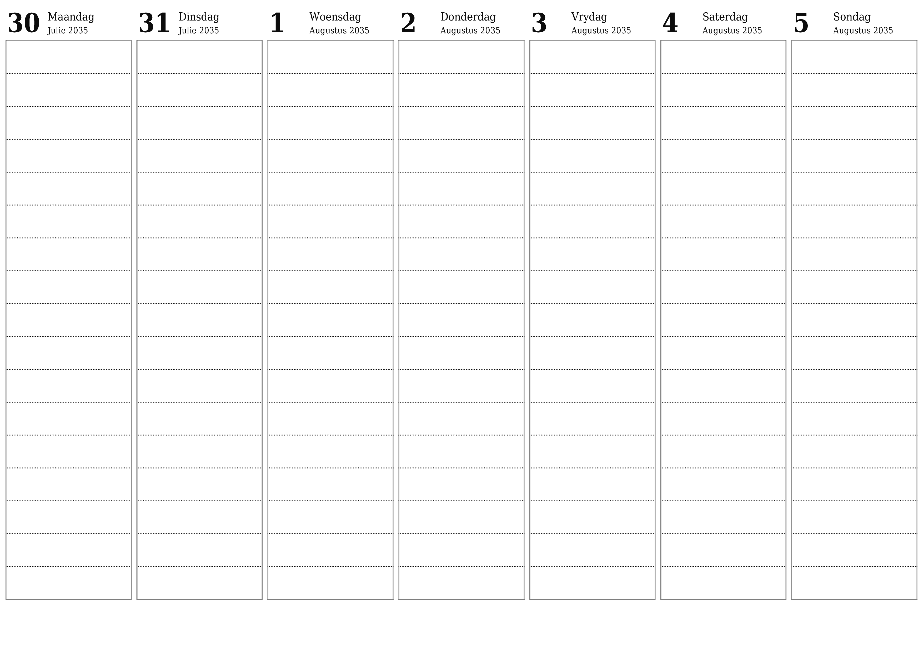 drukbare muur template gratis horisontaal Weekliks beplanner kalender Augustus (Aug) 2035