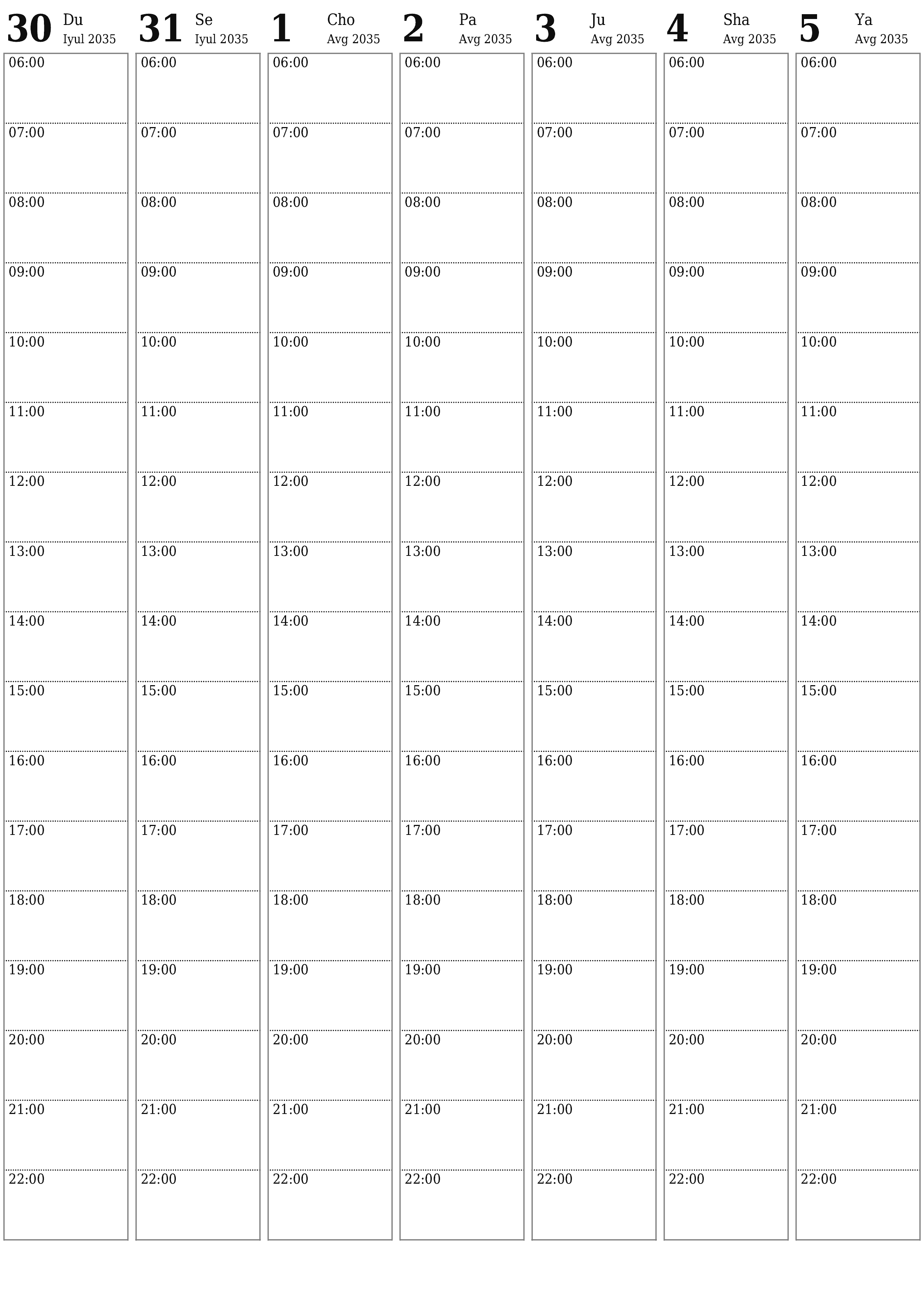 chop etiladigan devor taqvimi shabloni bepul vertikal Haftalik rejalashtiruvchi kalendar Avgust (Avg) 2035