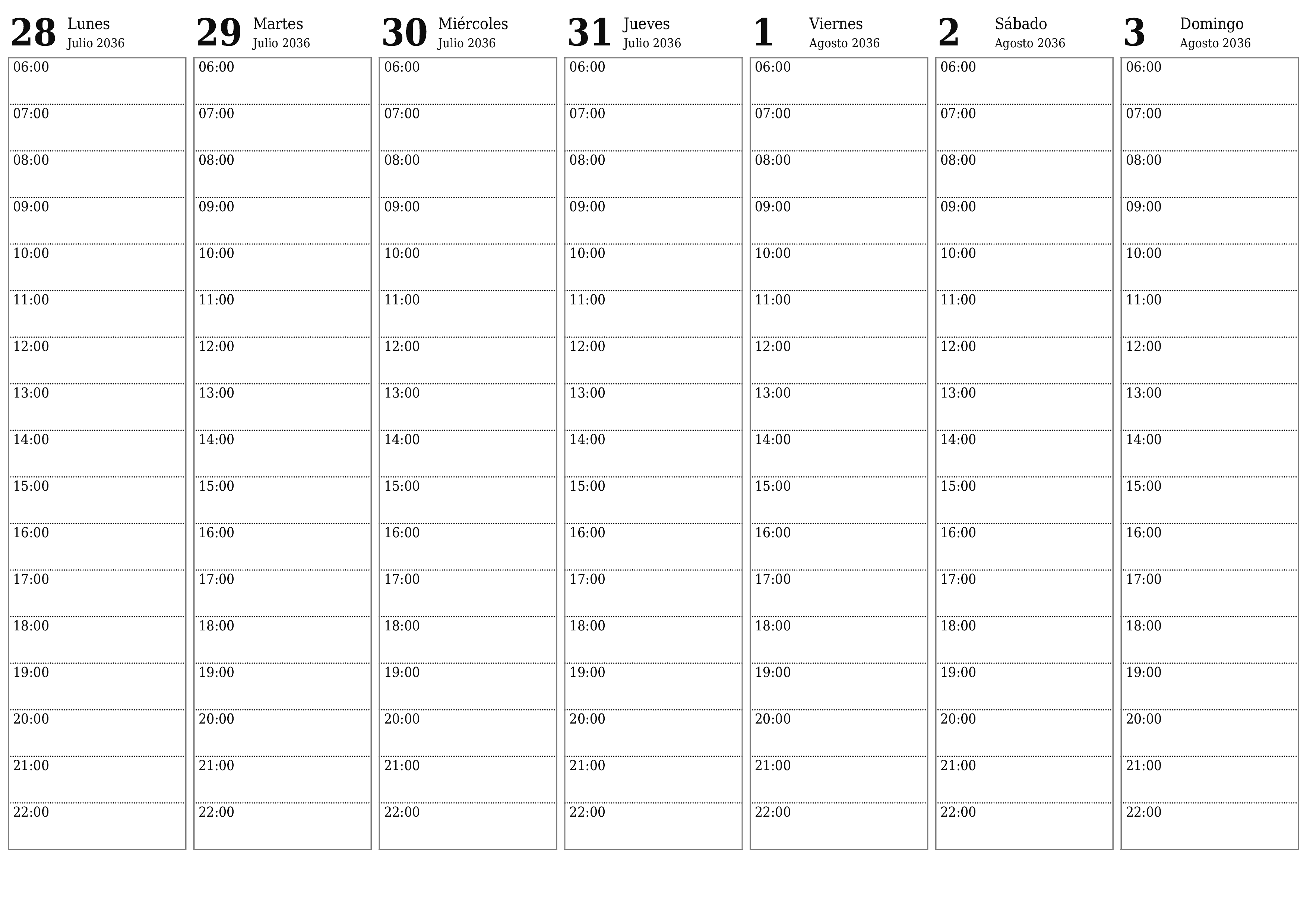 Planificador semanal vacío para semanas Agosto 2036 con notas, guardar e imprimir en PDF PNG Spanish