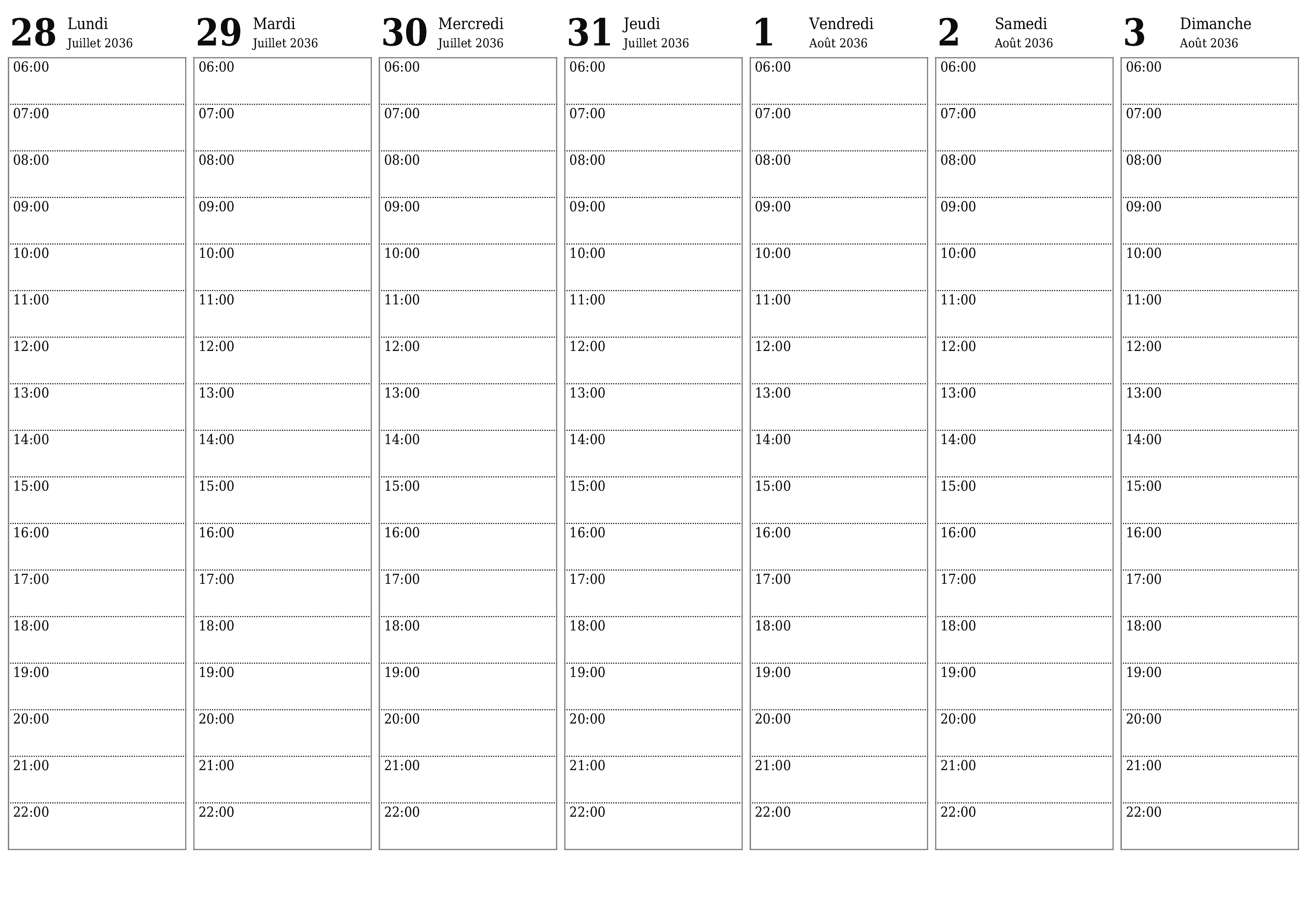 Agenda hebdomadaire vide pendant des semaines Août 2036 avec notes, enregistrez et imprimez au format PDF PNG French