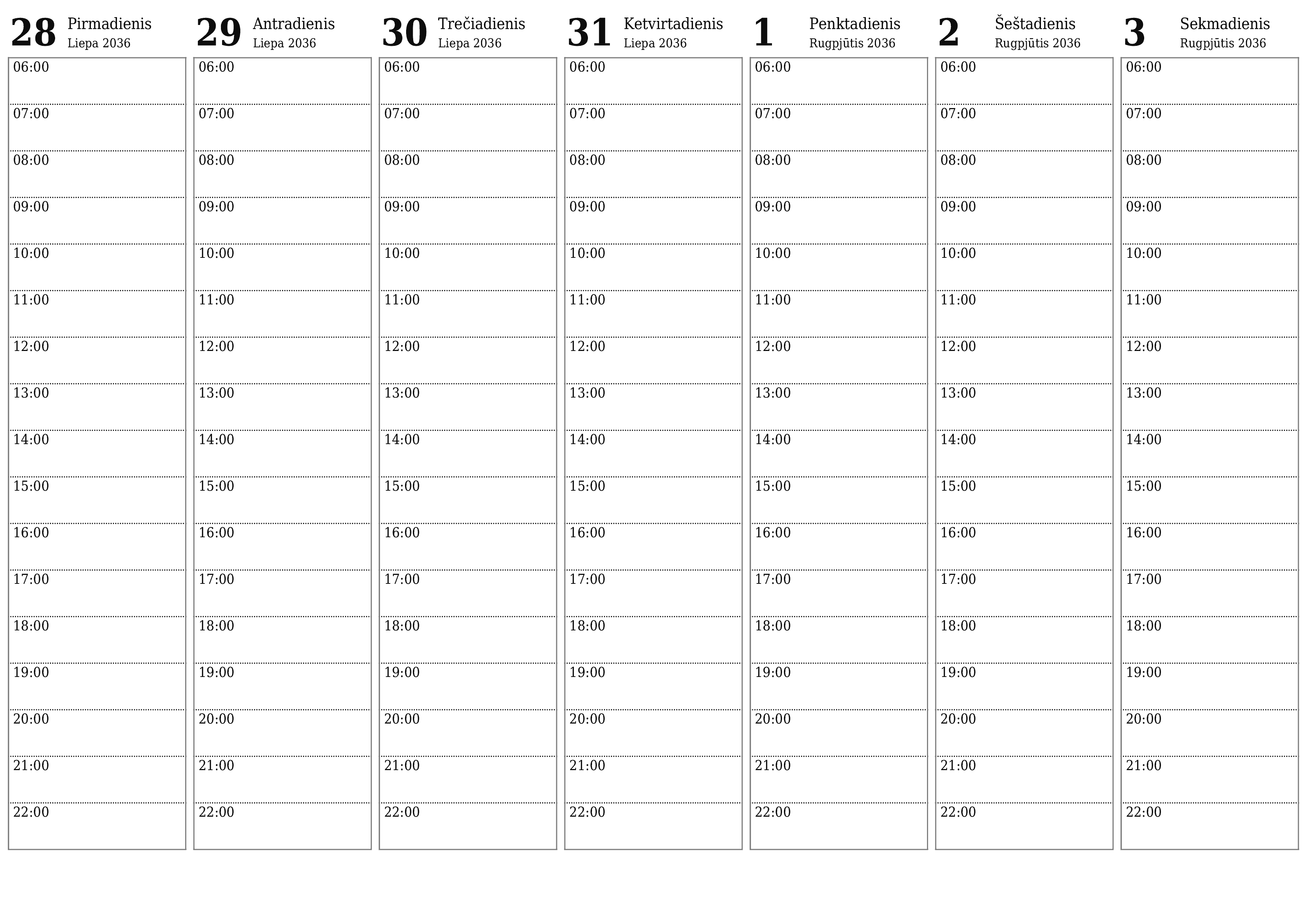 Ištuštinti savaitės planavimo priemonę savaitėms Rugpjūtis 2036 su užrašais, išsaugoti ir atsispausdinti PDF formate PNG Lithuanian