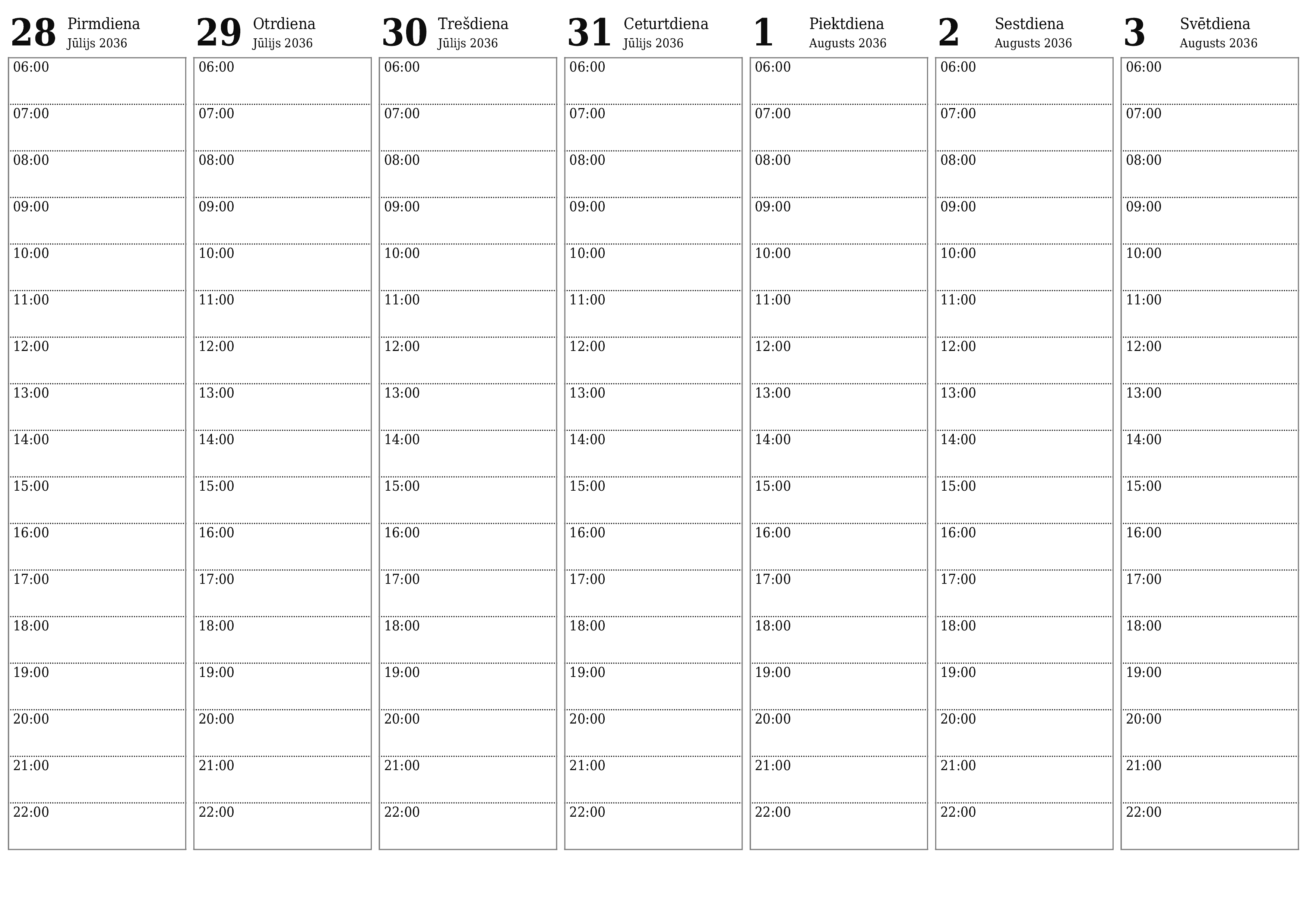 Iztukšojiet nedēļas plānotāju nedēļām Augusts 2036 ar piezīmēm, saglabājiet un izdrukājiet PDF formātā PNG Latvian