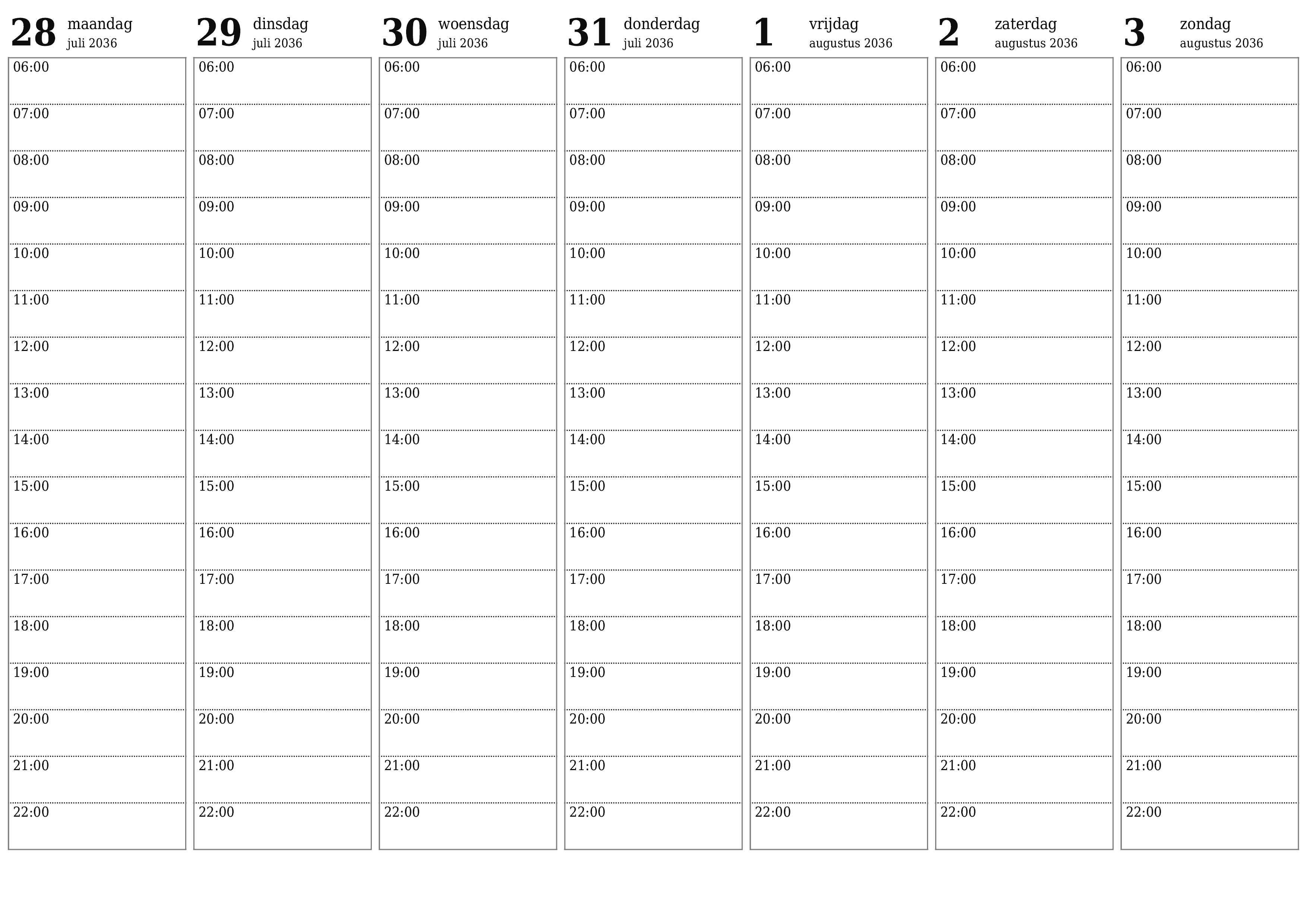 Lege weekplanner voor weken augustus 2036 met notities, opslaan en afdrukken naar pdf PNG Dutch