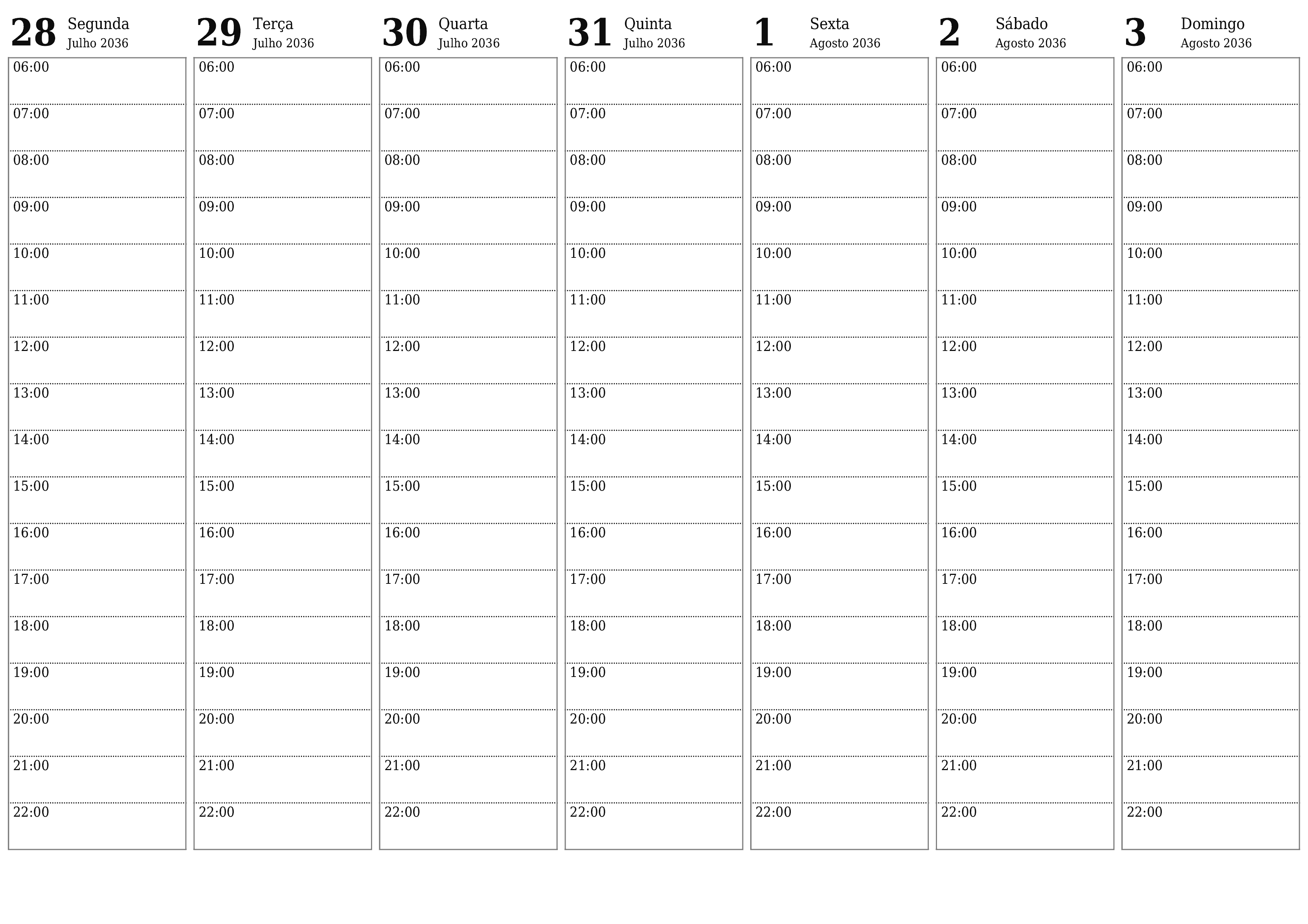 Esvazie o planejador semanal por semanas Agosto 2036 com notas, salve e imprima em PDF PNG Portuguese