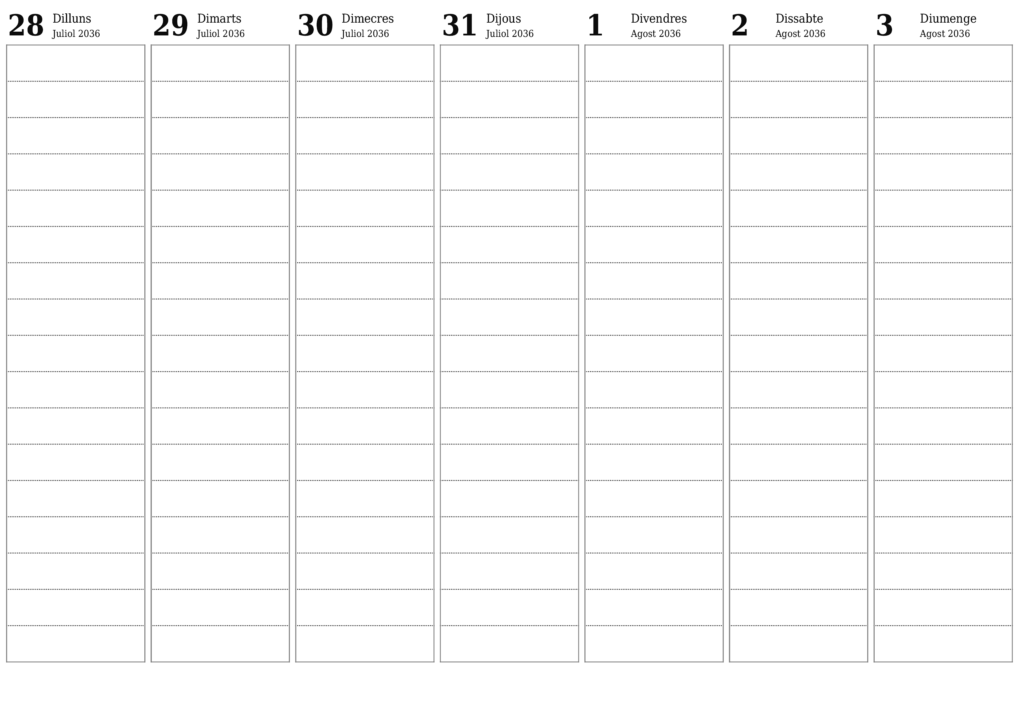 Planificador setmanal buit durant setmanes Agost 2036 amb notes, deseu-lo i imprimiu-lo en format PDF PNG Catalan