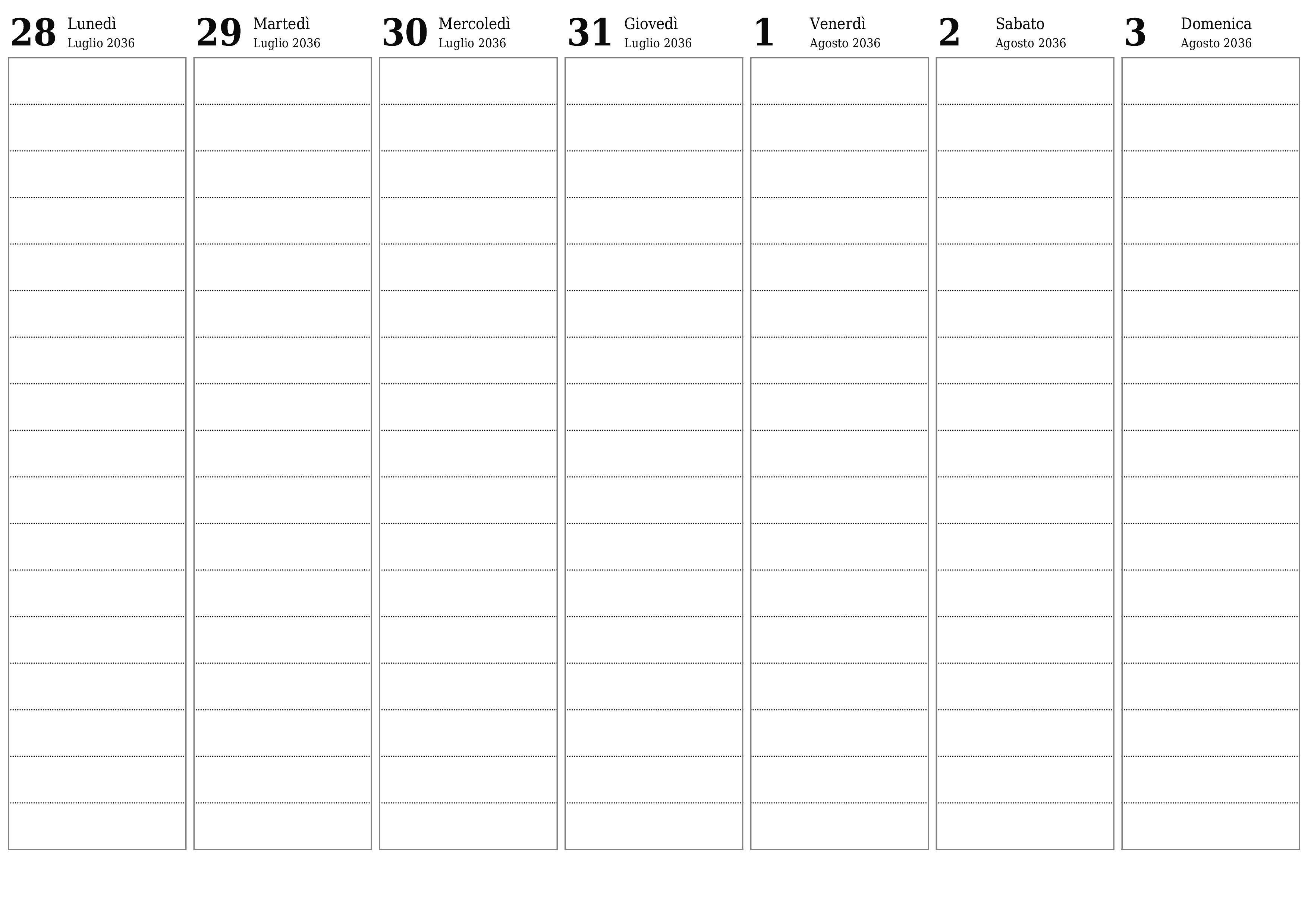 Agenda settimanale vuota per settimane Agosto 2036 con note, salva e stampa in PDF PNG Italian