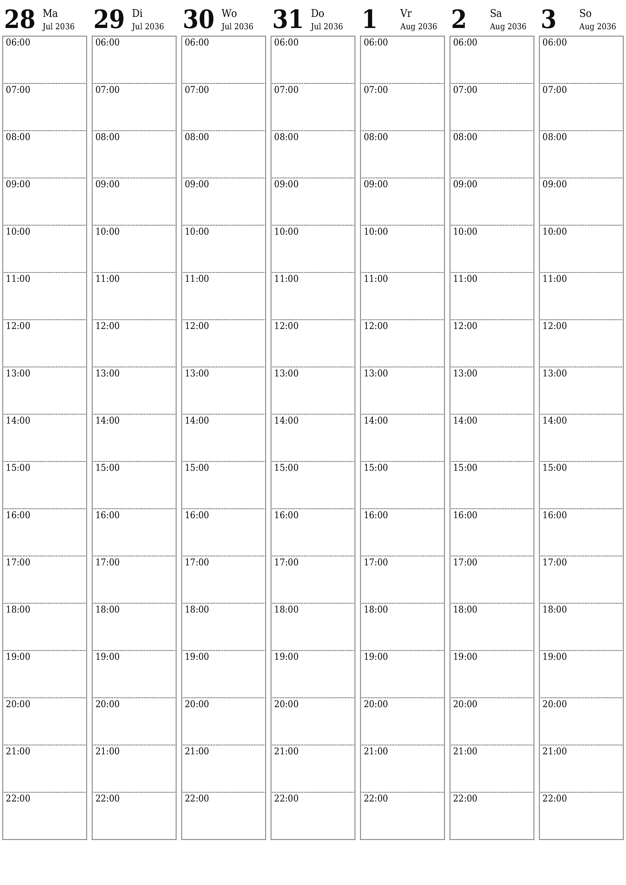 Leë weeklikse drukbare kalender en beplanner vir week Augustus 2036 met notas, stoor en druk na PDF PNG Afrikaans