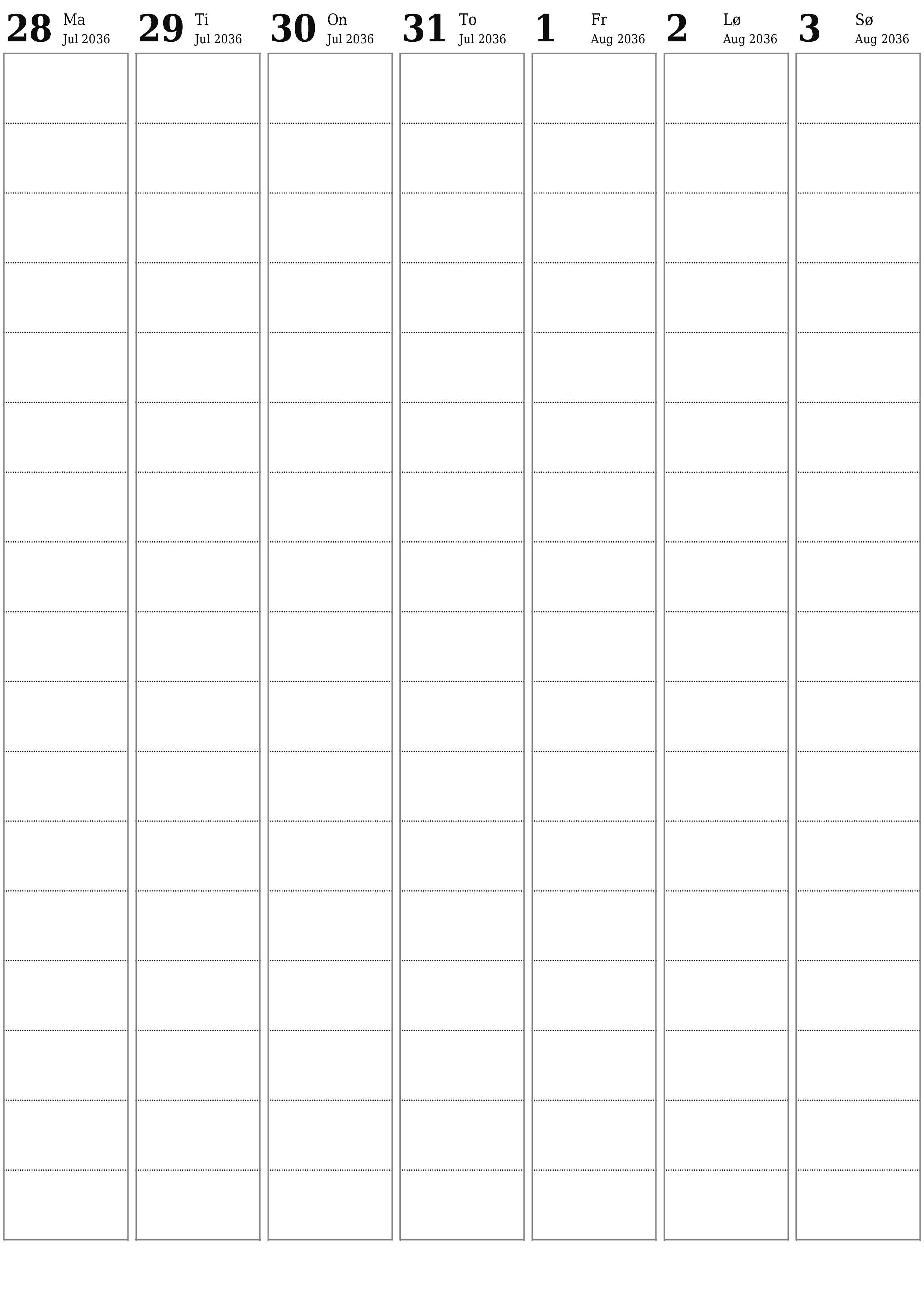 utskrivbar vegg mal gratis vertikal Ukentlig planlegger kalender August (Aug) 2036