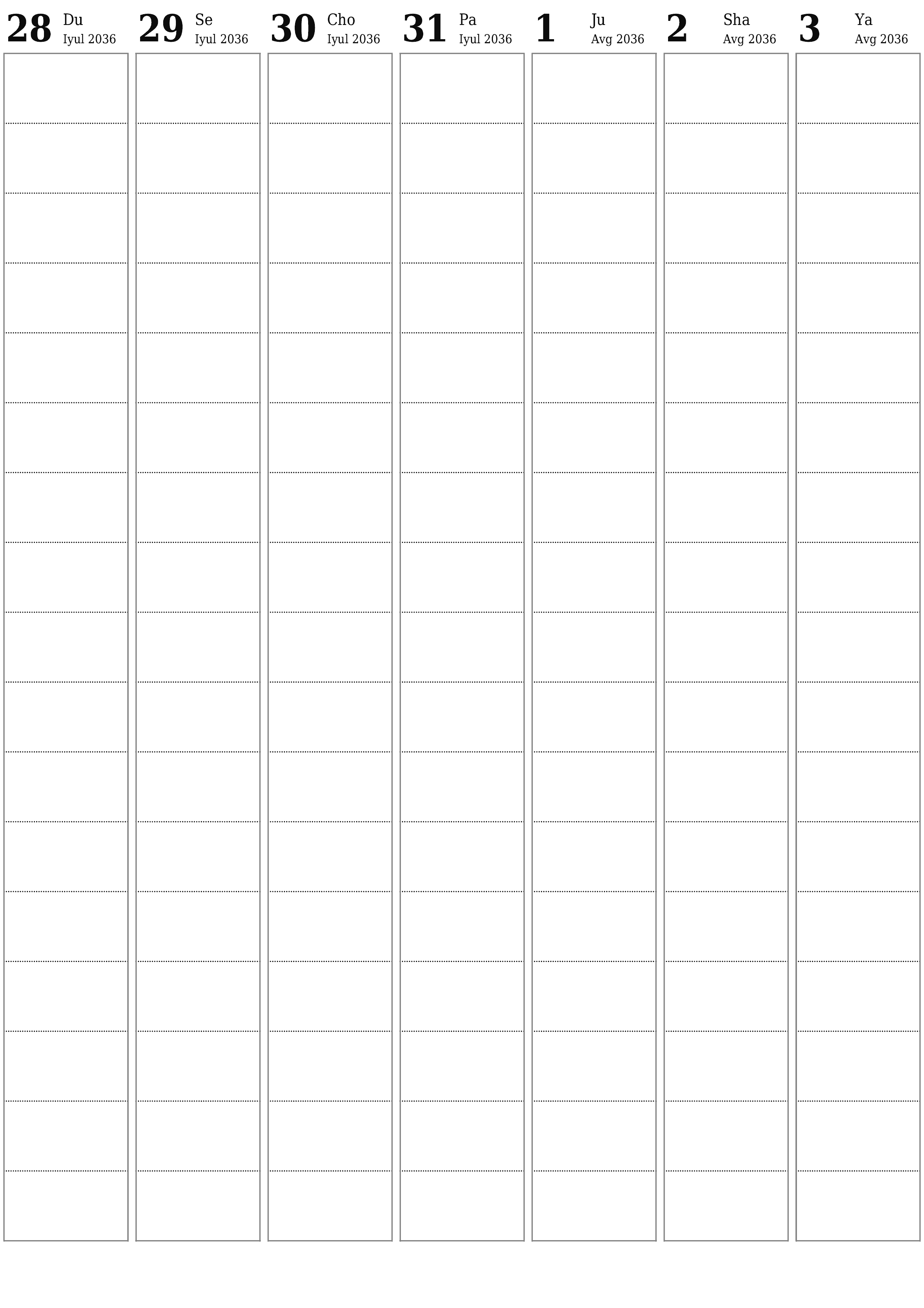 chop etiladigan devor taqvimi shabloni bepul vertikal Haftalik rejalashtiruvchi kalendar Avgust (Avg) 2036