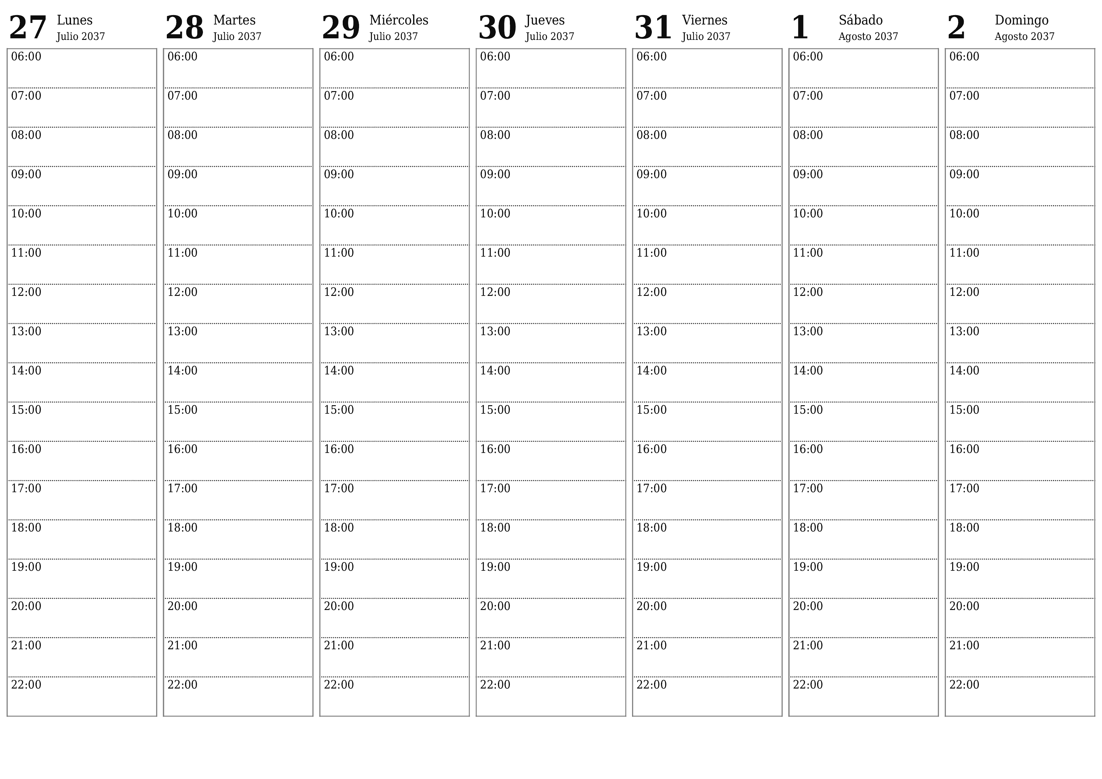 Planificador semanal vacío para semanas Agosto 2037 con notas, guardar e imprimir en PDF PNG Spanish