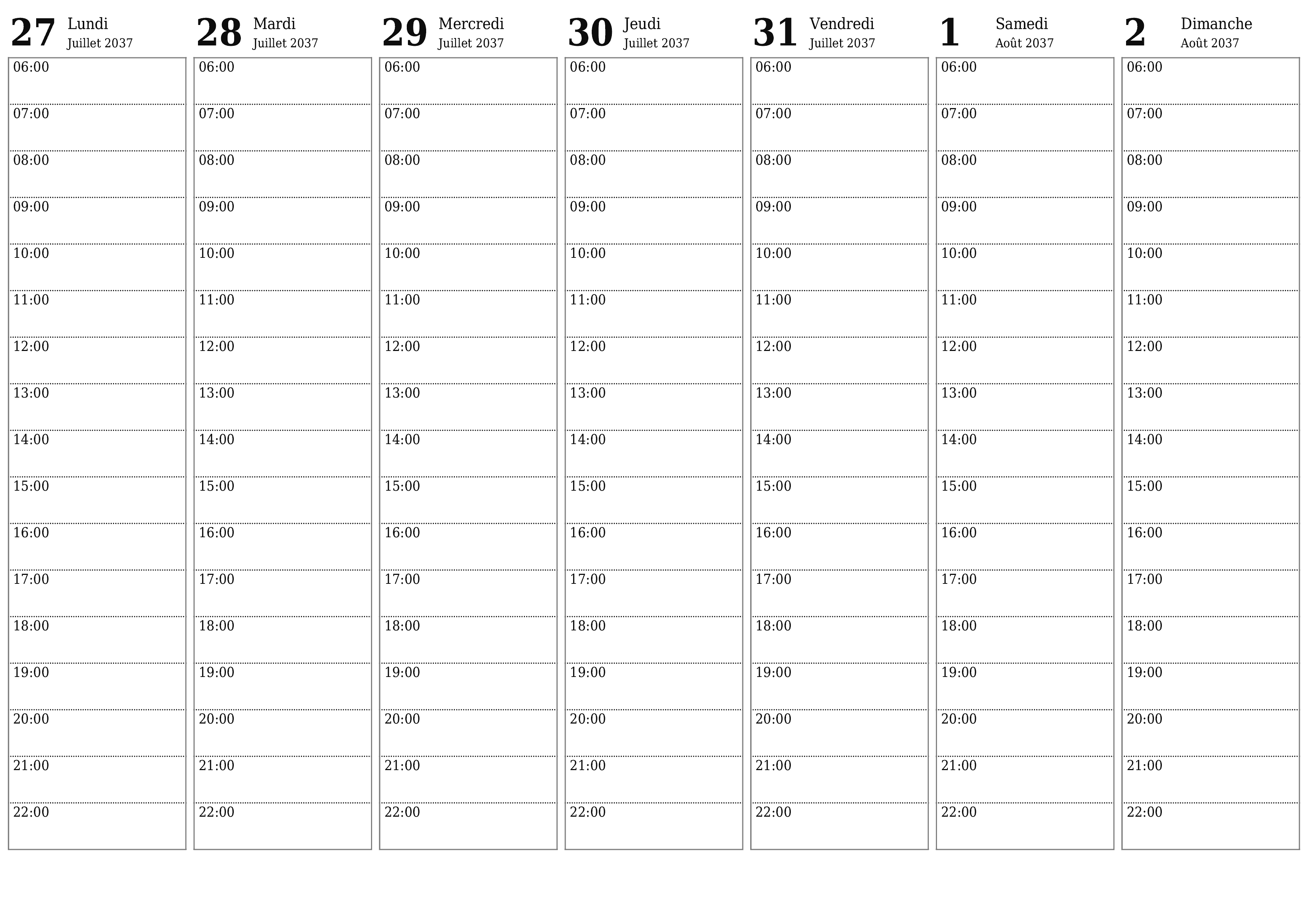 Agenda hebdomadaire vide pendant des semaines Août 2037 avec notes, enregistrez et imprimez au format PDF PNG French