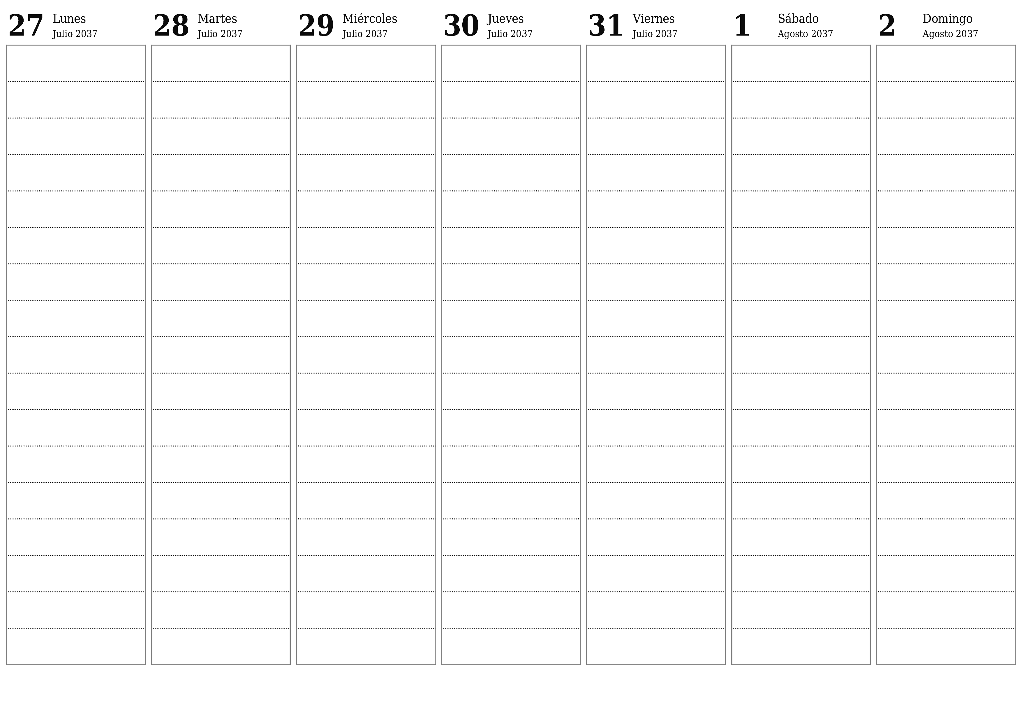 Planificador semanal vacío para semanas Agosto 2037 con notas, guardar e imprimir en PDF PNG Spanish