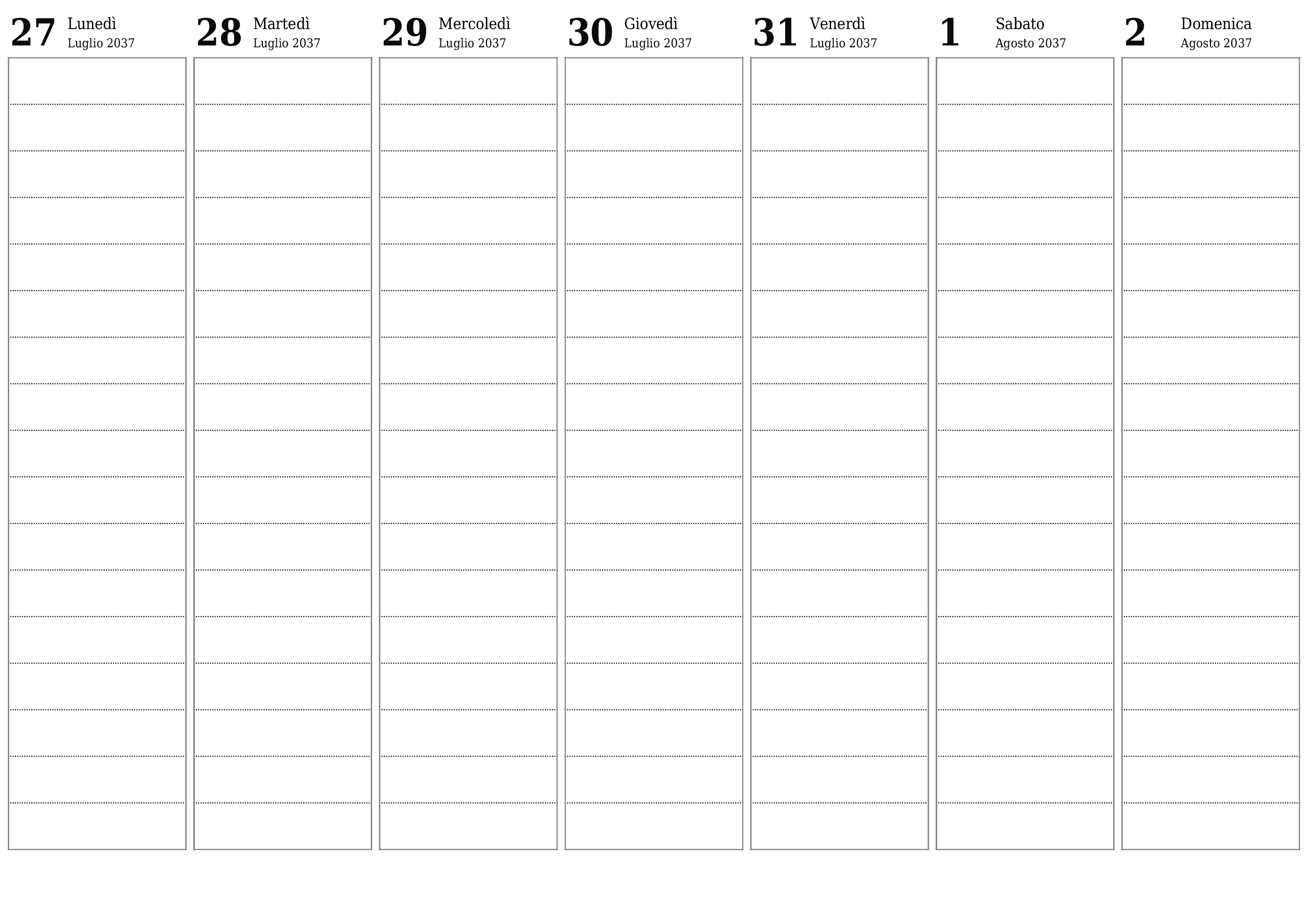 Agenda settimanale vuota per settimane Agosto 2037 con note, salva e stampa in PDF PNG Italian