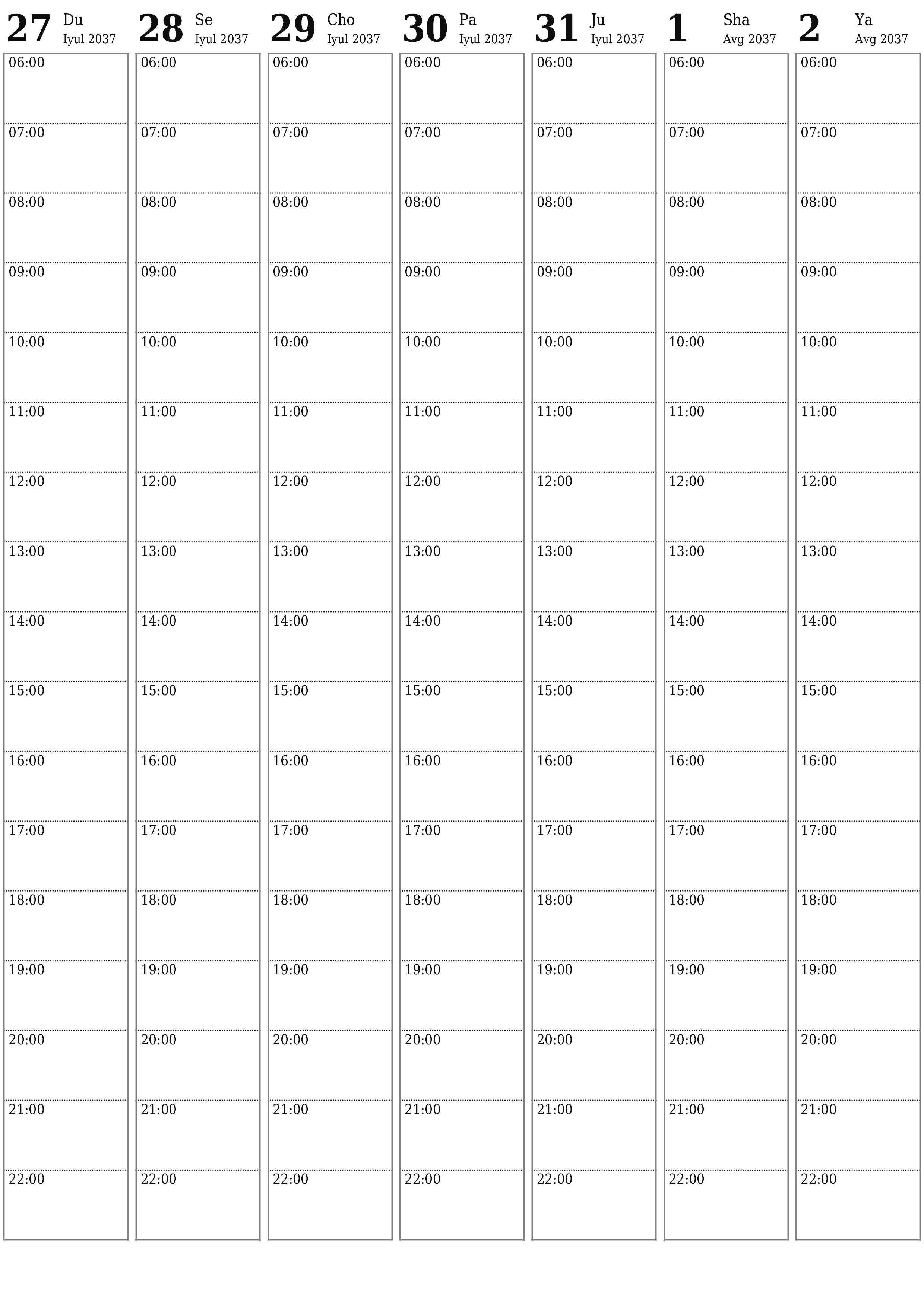 chop etiladigan devor taqvimi shabloni bepul vertikal Haftalik rejalashtiruvchi kalendar Avgust (Avg) 2037