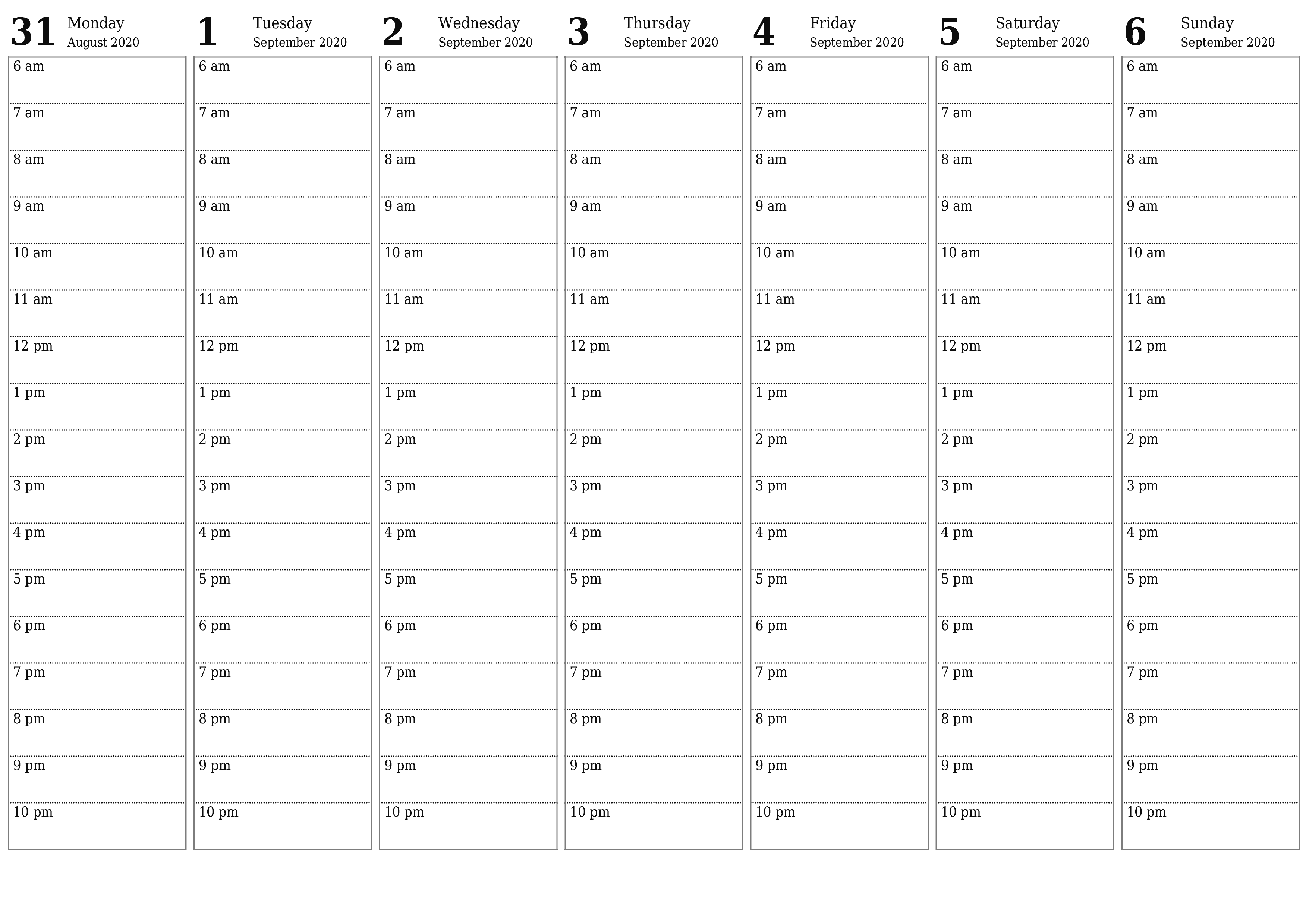 printable wall template free horizontal Weekly planner calendar September (Sep) 2020