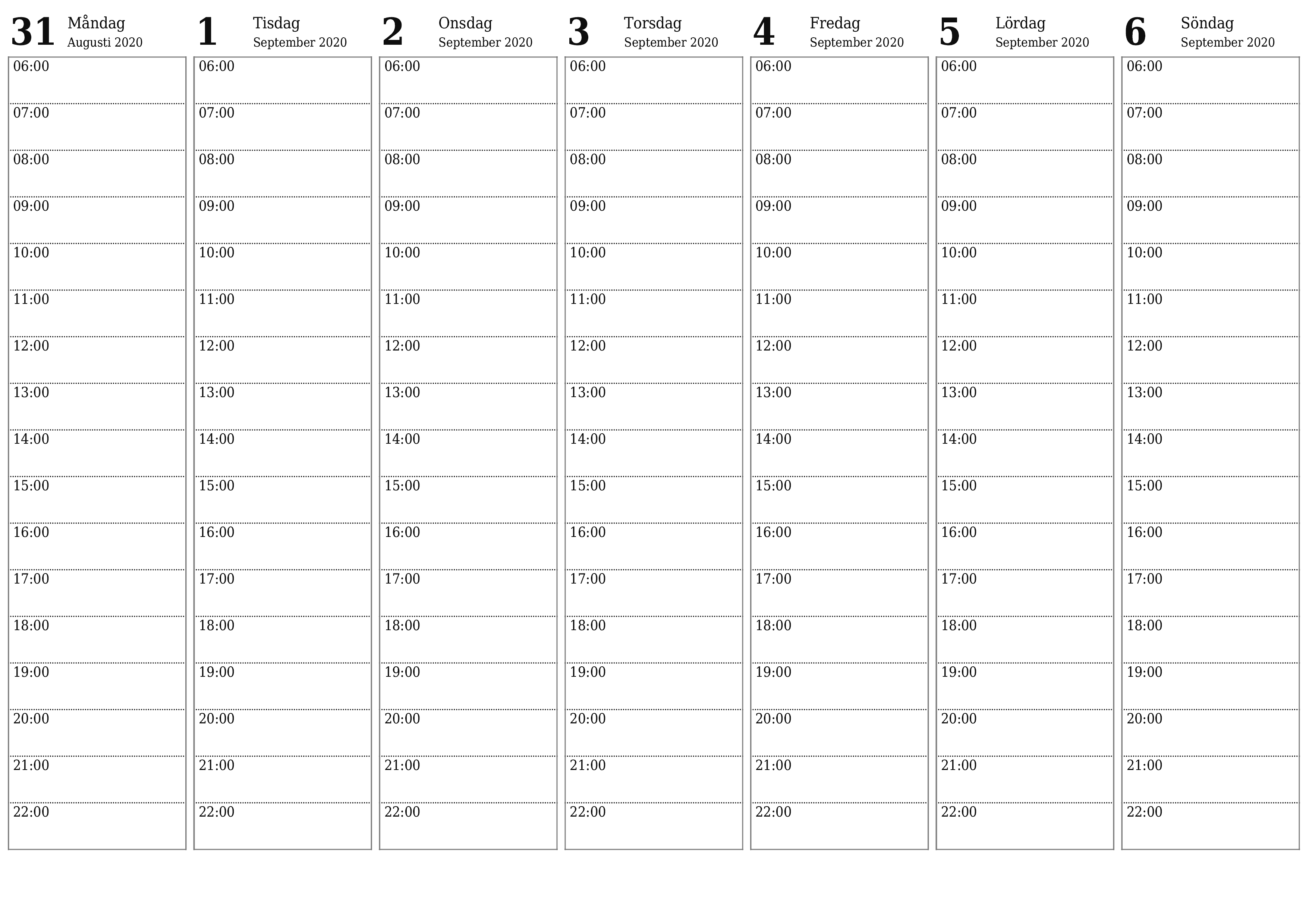 Töm veckoplaneraren i veckor September 2020 med anteckningar, spara och skriv ut till PDF PNG Swedish