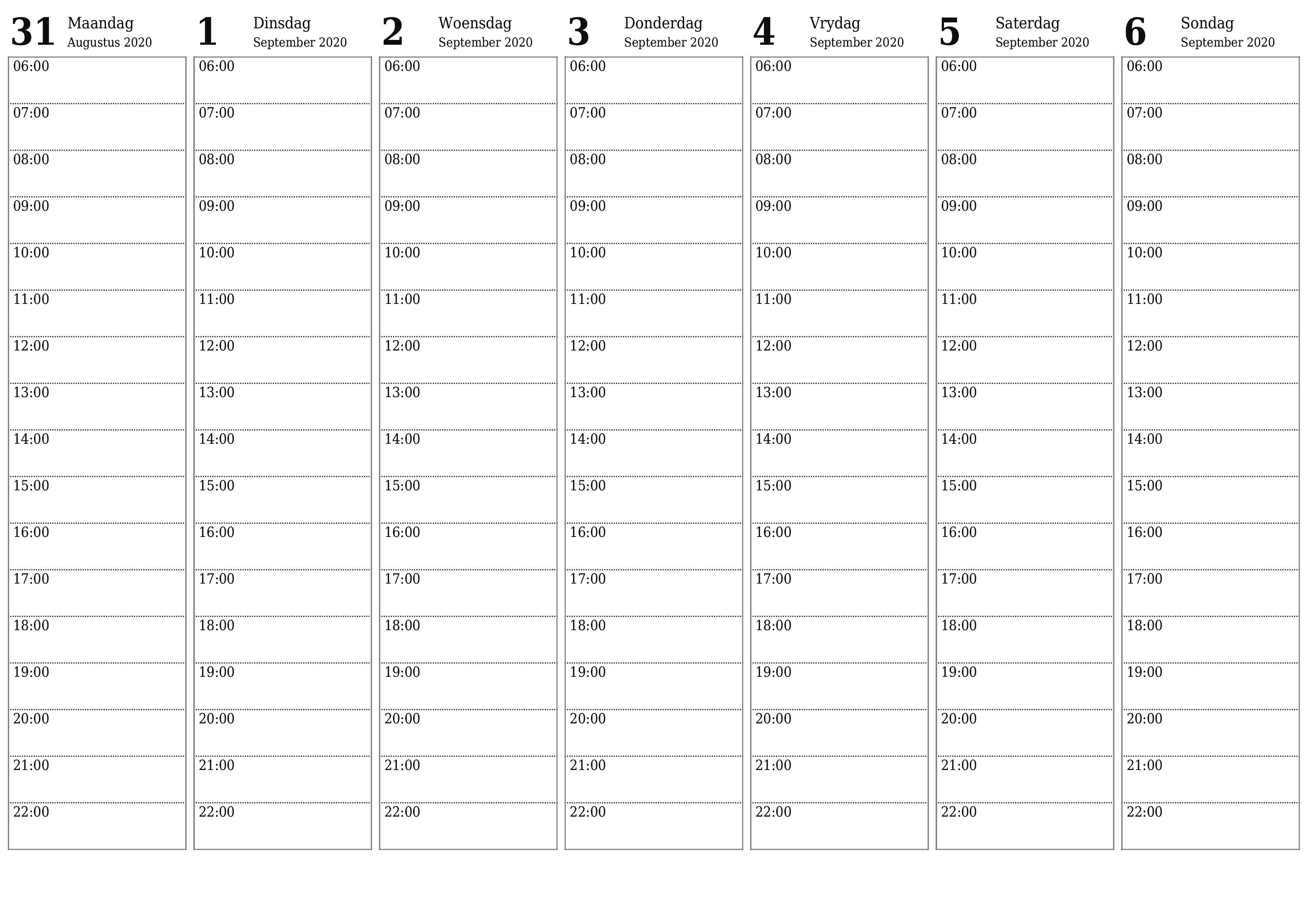 Leë weeklikse drukbare kalender en beplanner vir week September 2020 met notas, stoor en druk na PDF PNG Afrikaans