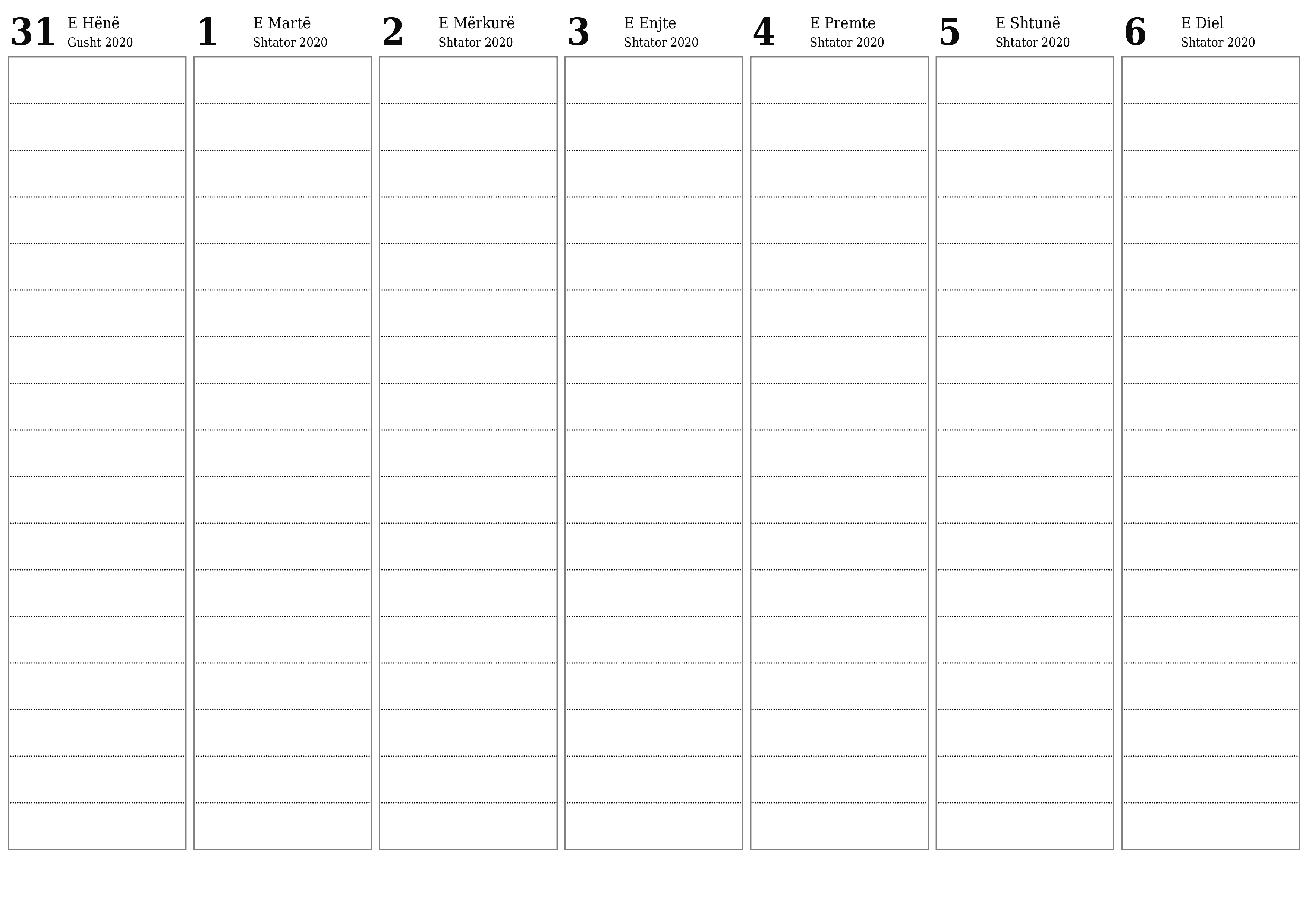  i printueshëm muri shabllon falashorizontale javore planifikues kalendar Shtator (Sht) 2020