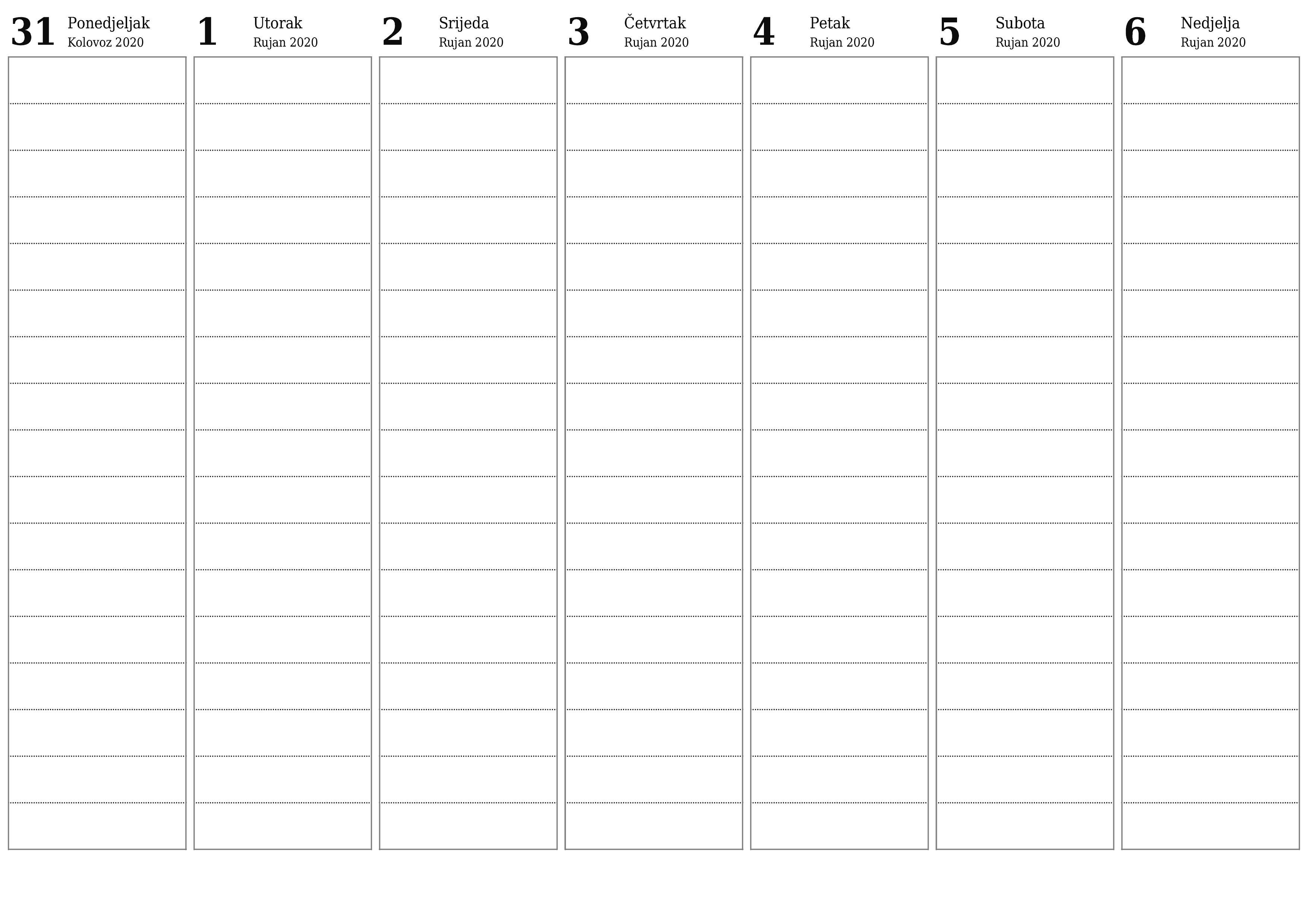 Ispraznite tjedni planer za tjedne Rujan 2020 s bilješkama, spremite i ispišite u PDF PNG Croatian