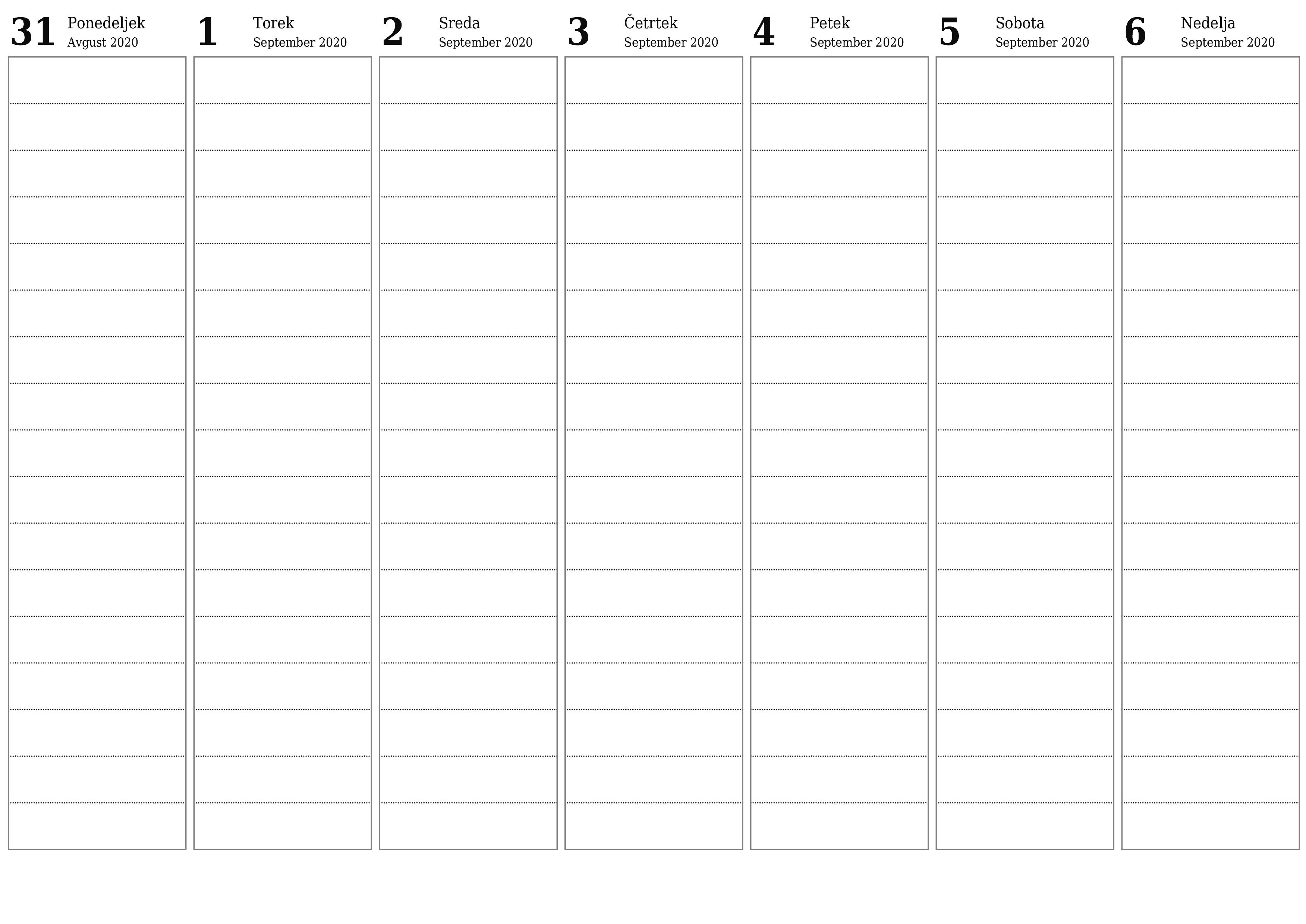 Prazen tedenski koledarski načrtovalec za tedne September 2020 z opombami za tiskanje v PDF PNG Slovenian