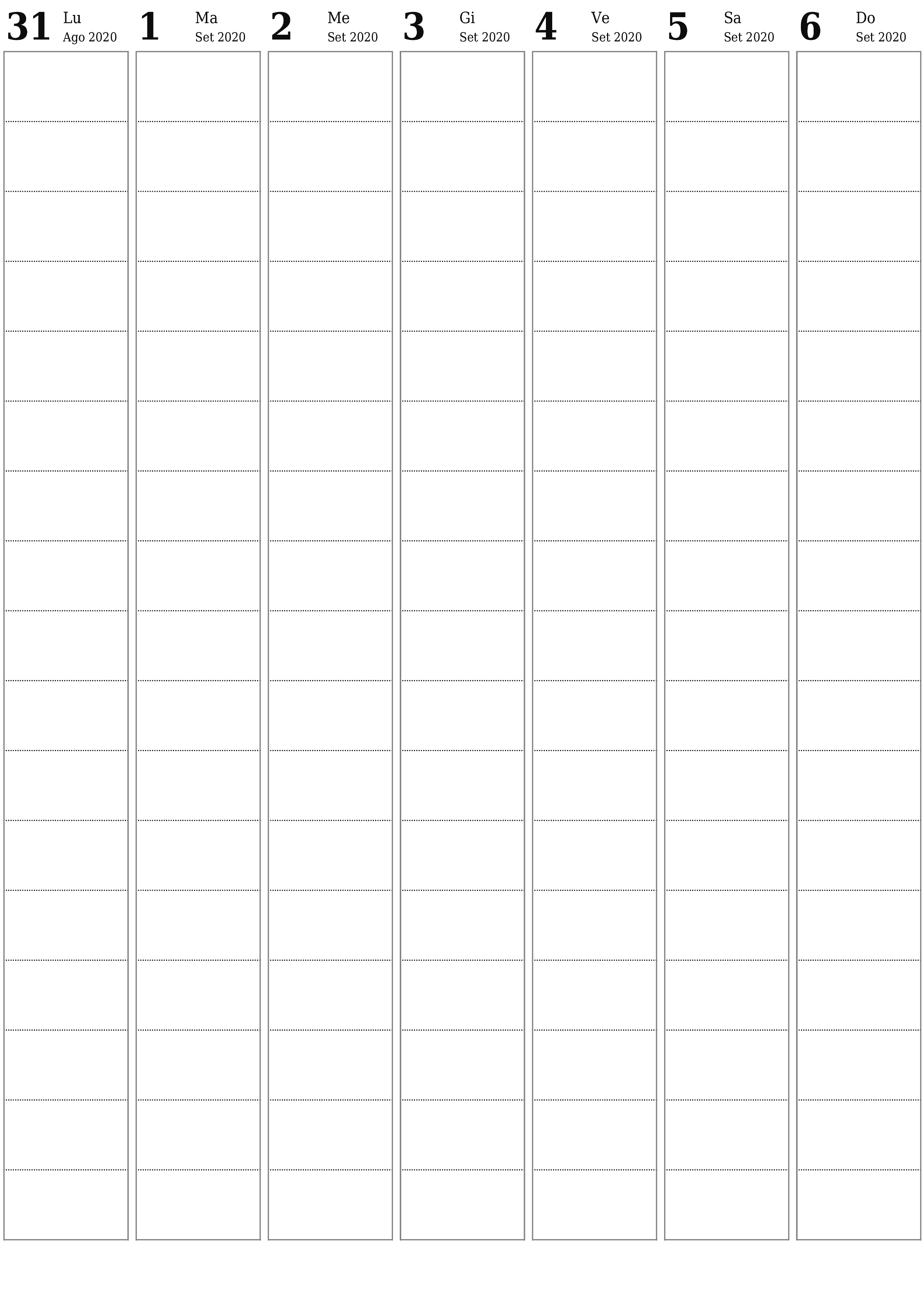 Agenda settimanale vuota per settimane Settembre 2020 con note, salva e stampa in PDF PNG Italian