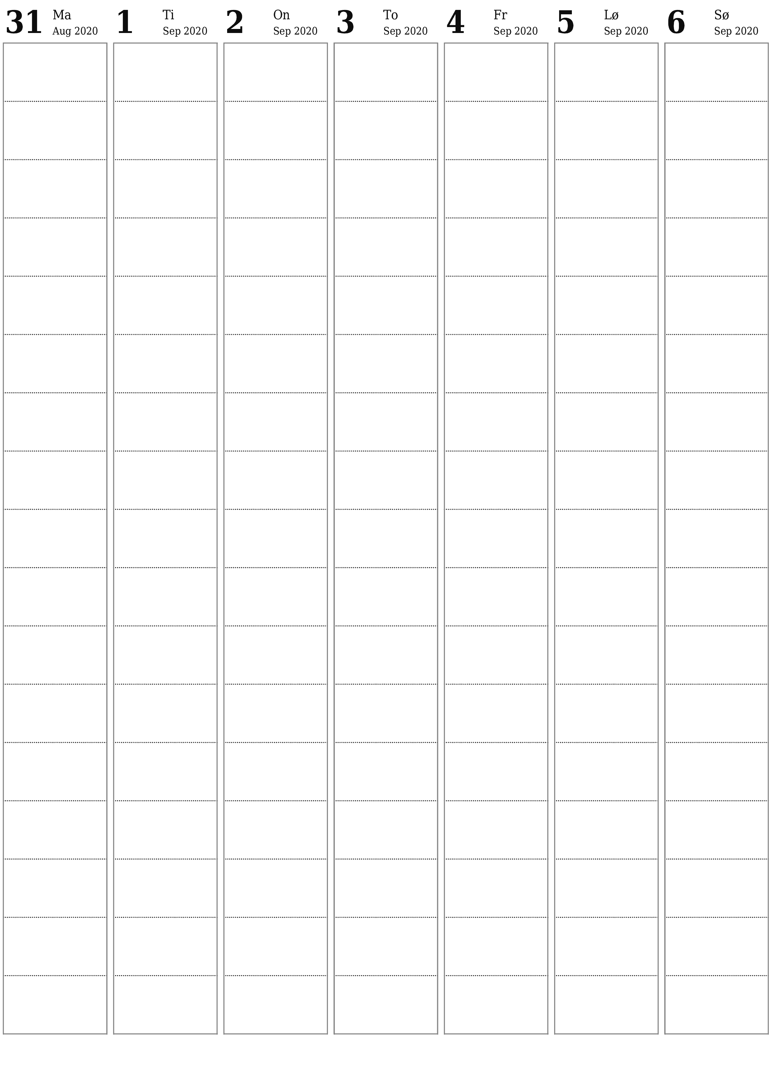 Tøm ukentlig planlegger i uker September 2020 med notater, lagre og skriv ut i PDF PNG Norwegian