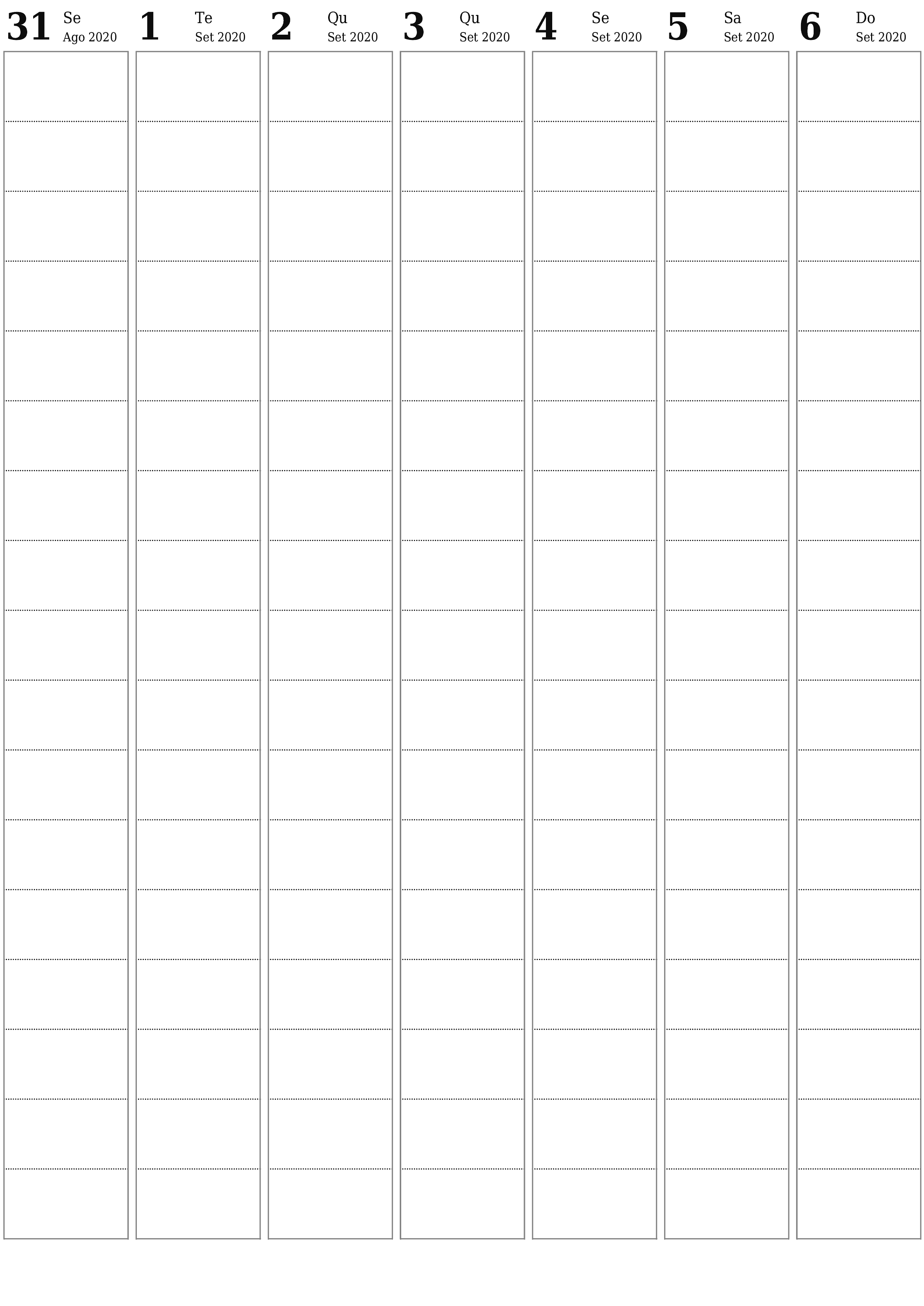 Esvazie o planejador semanal por semanas Setembro 2020 com notas, salve e imprima em PDF PNG Portuguese