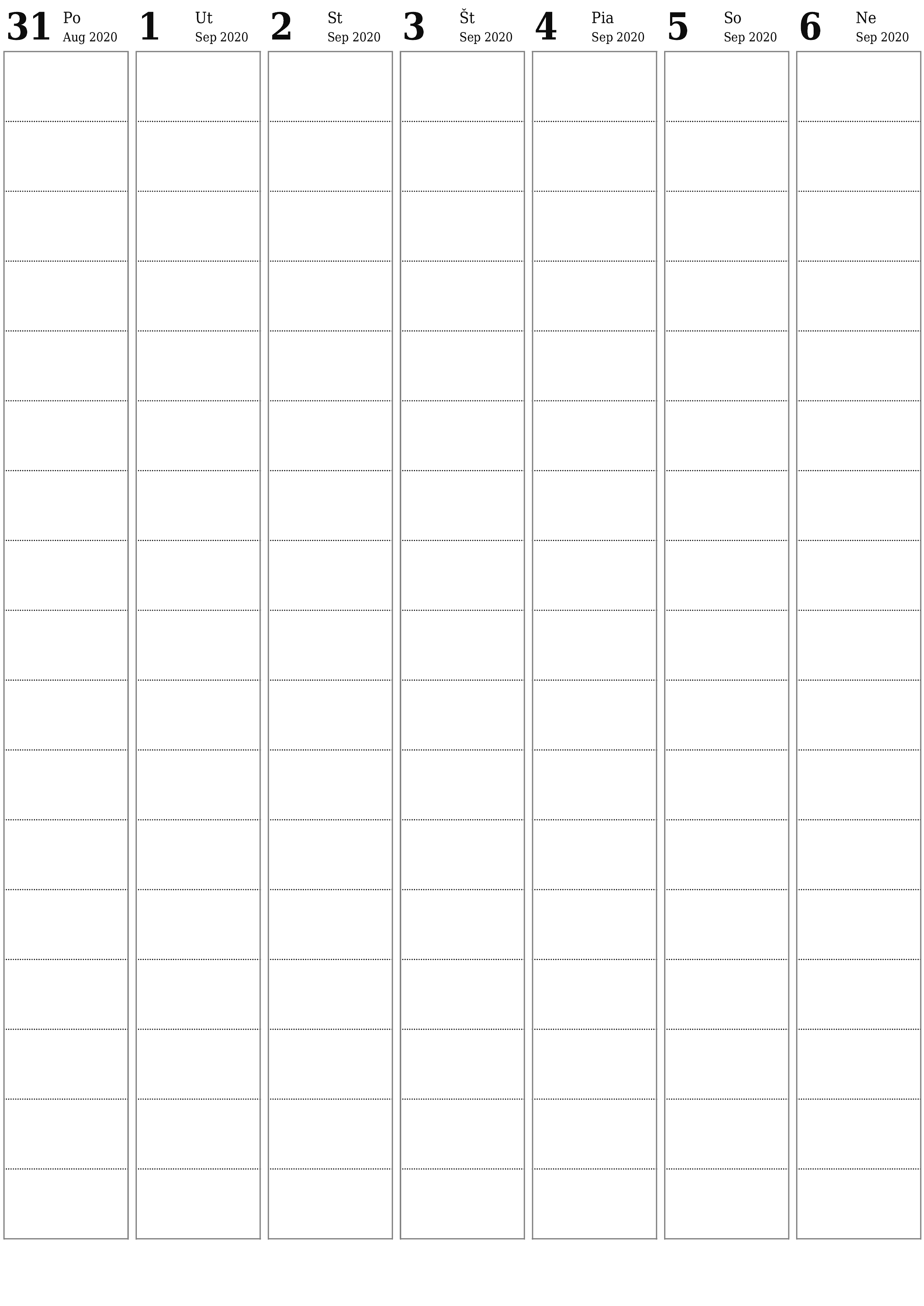 vytlačiteľný nástenný šablóna a bezplatný вертикальный Týždenne plánovač kalendár September (Sep) 2020