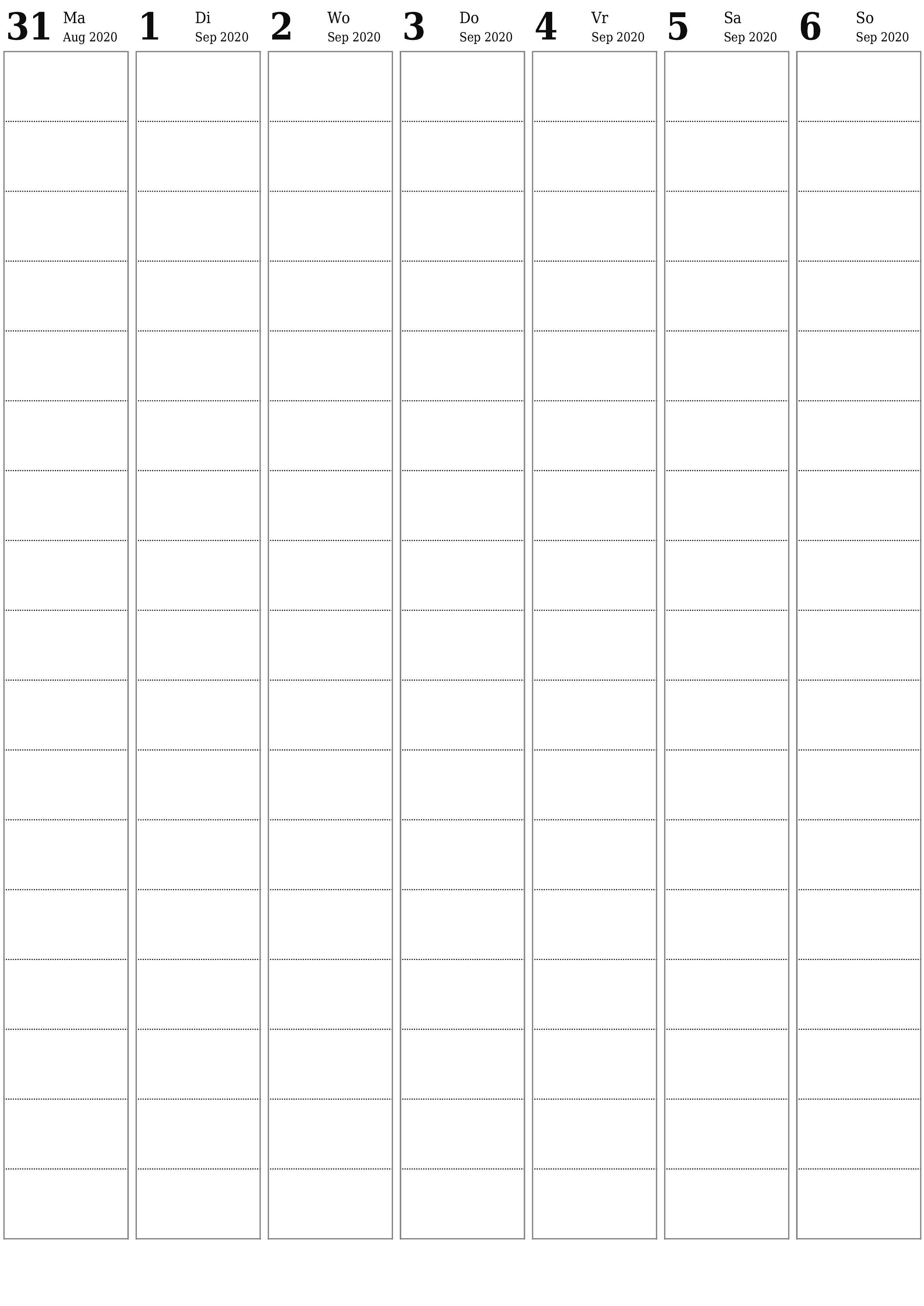 Leë weeklikse drukbare kalender en beplanner vir week September 2020 met notas, stoor en druk na PDF PNG Afrikaans