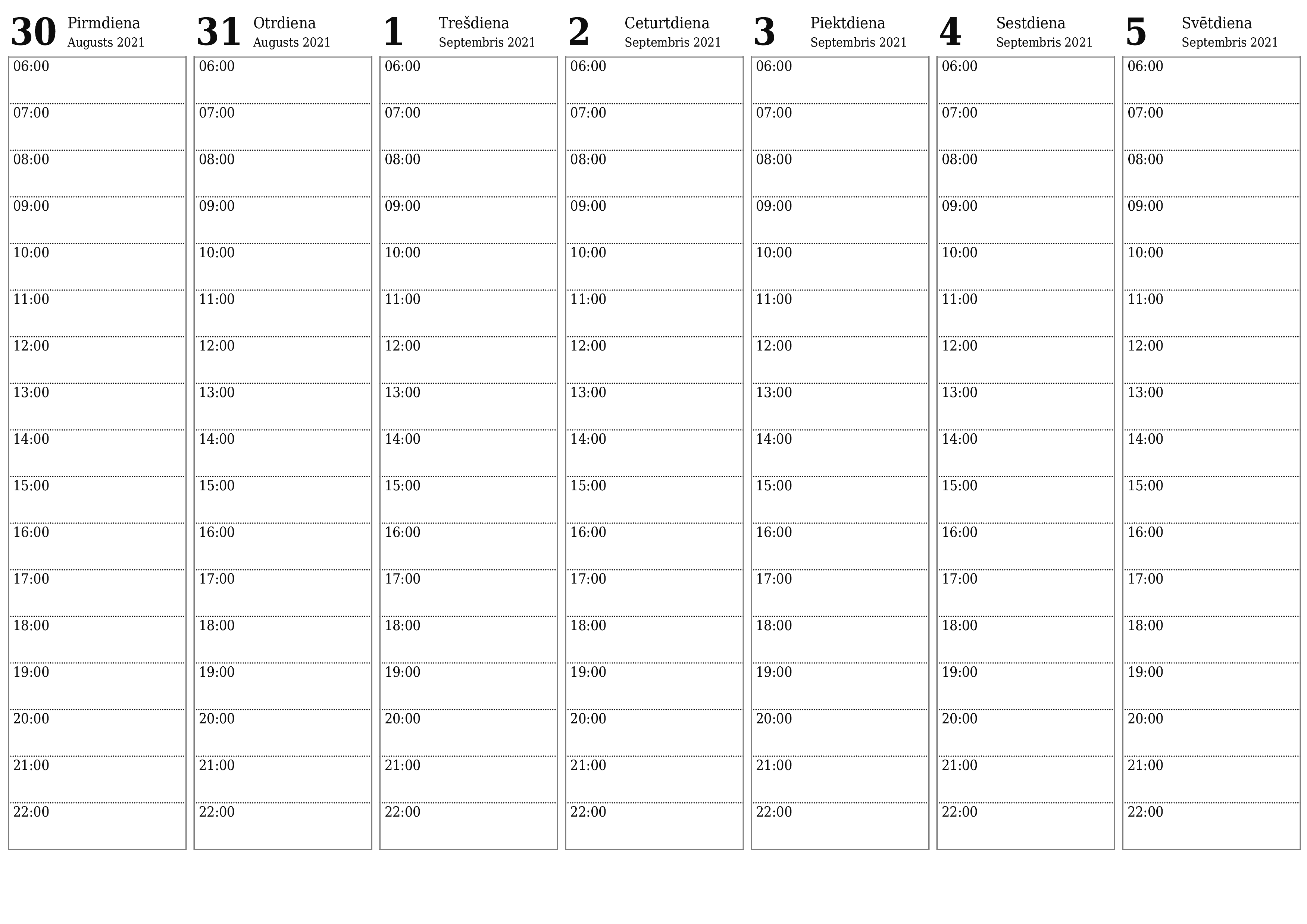 Tukšs nedēļas kalendārs nedēļai Septembris 2021 saglabāt un izdrukāt PDF formātā PNG Latvian - 7calendar.com