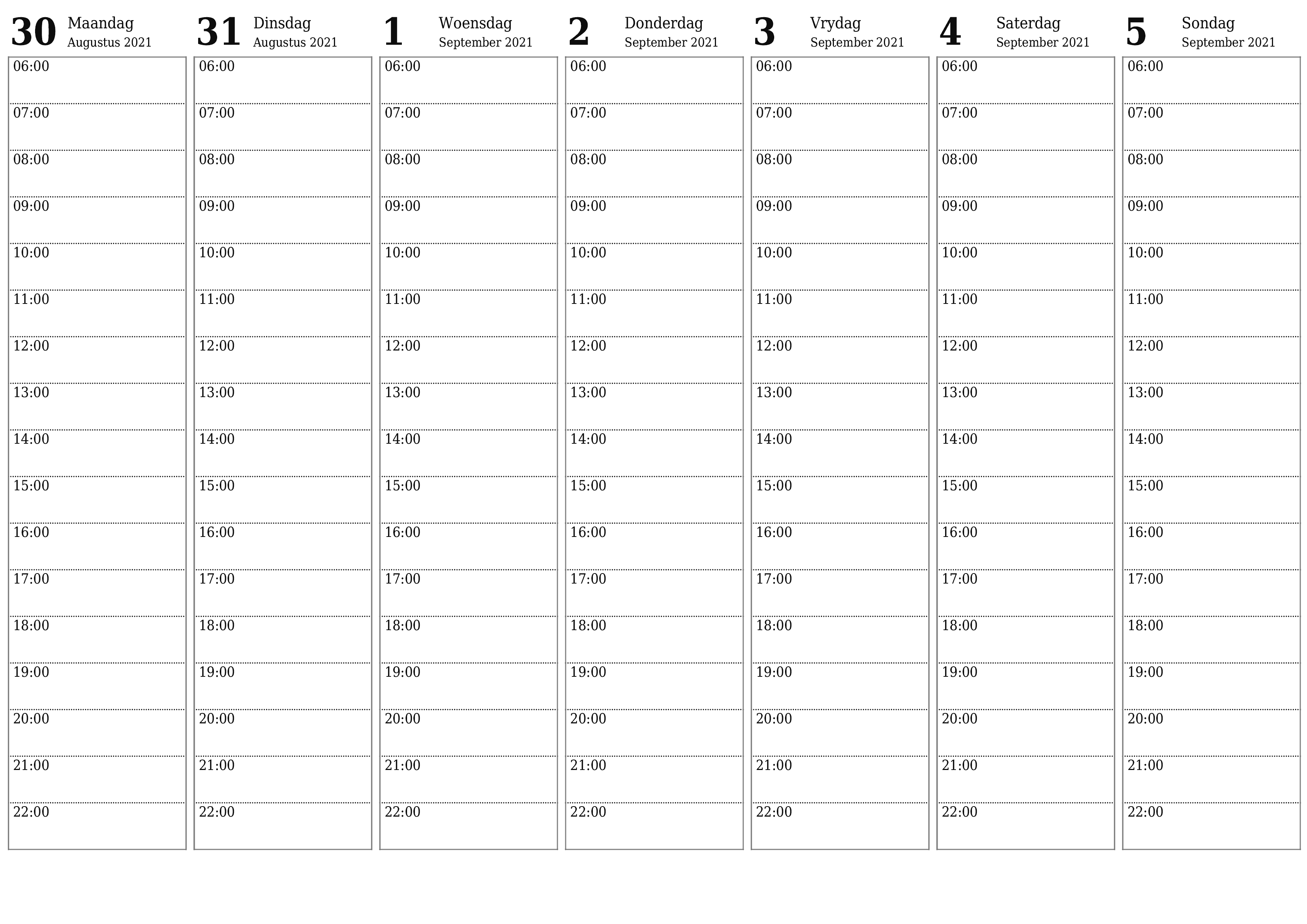 Leë weeklikse drukbare kalender en beplanner vir week September 2021 met notas, stoor en druk na PDF PNG Afrikaans