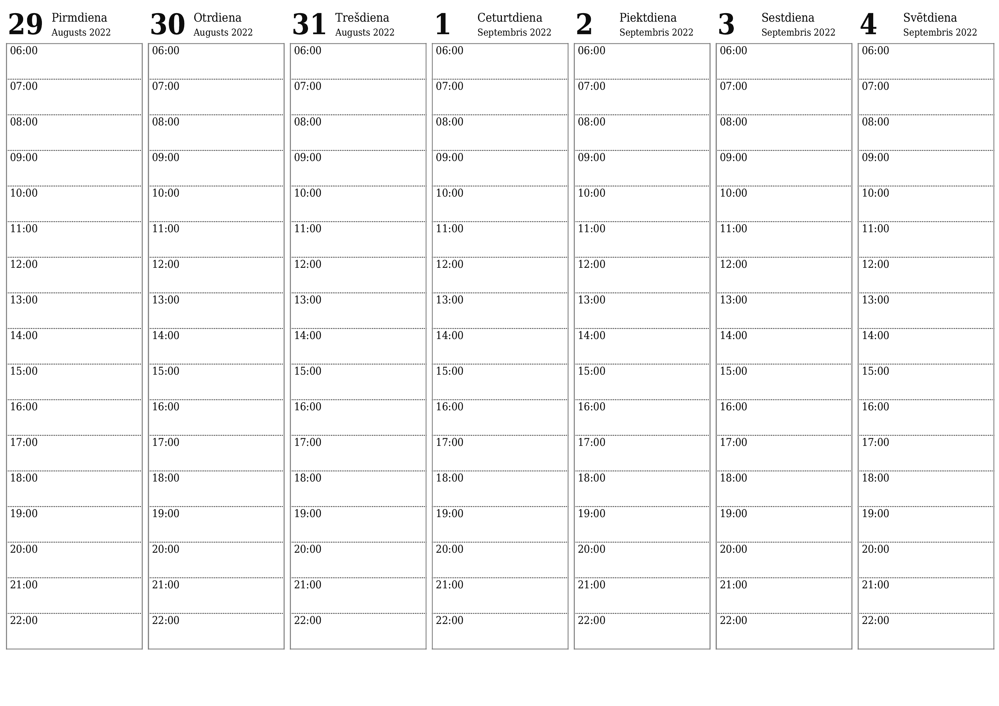 Tukšs nedēļas kalendārs nedēļai Septembris 2022 saglabāt un izdrukāt PDF formātā PNG Latvian - 7calendar.com
