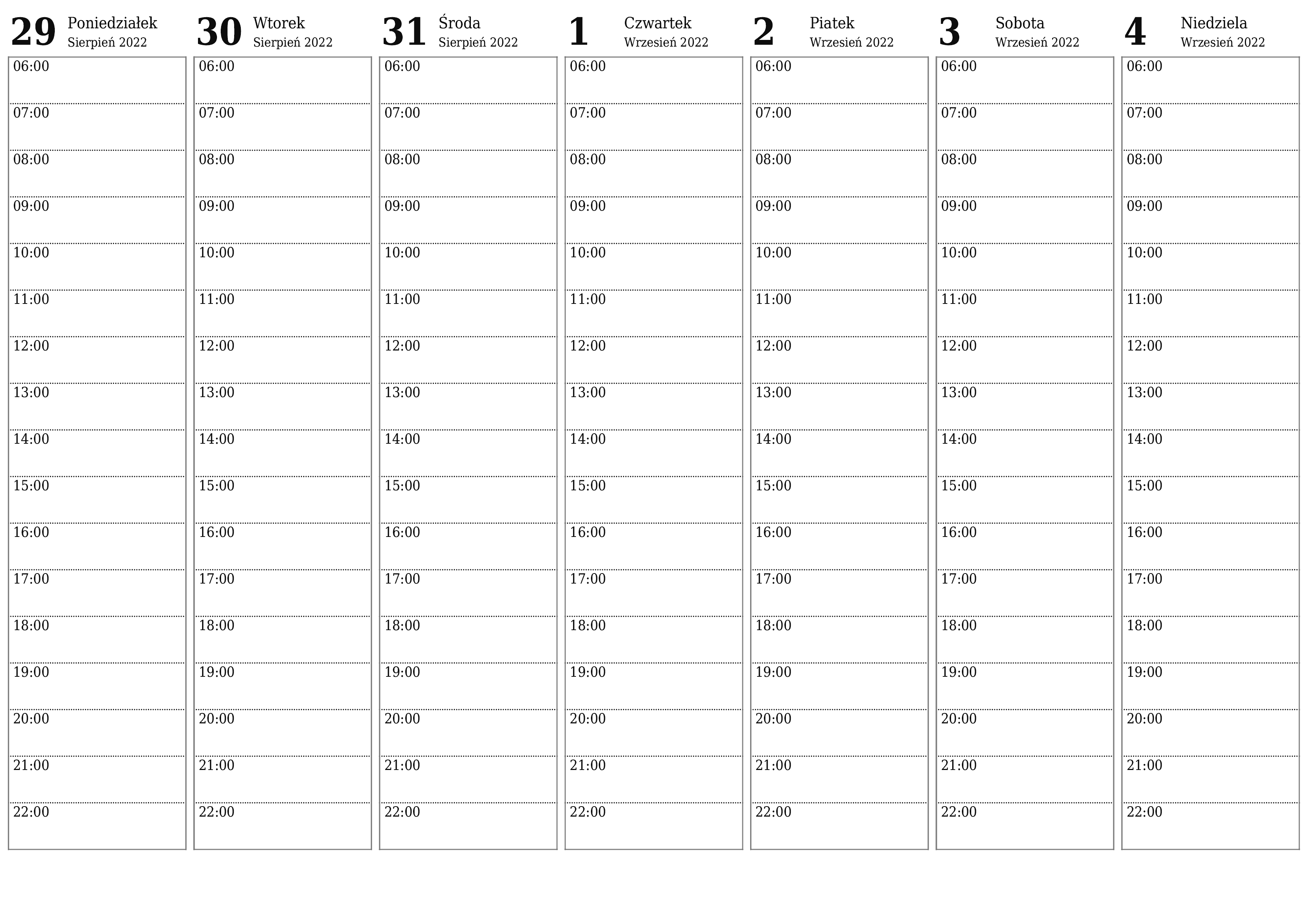  do druku ścienny szablon a darmowy poziomy Tygodniowy planista kalendarz Wrzesień (Wrz) 2022