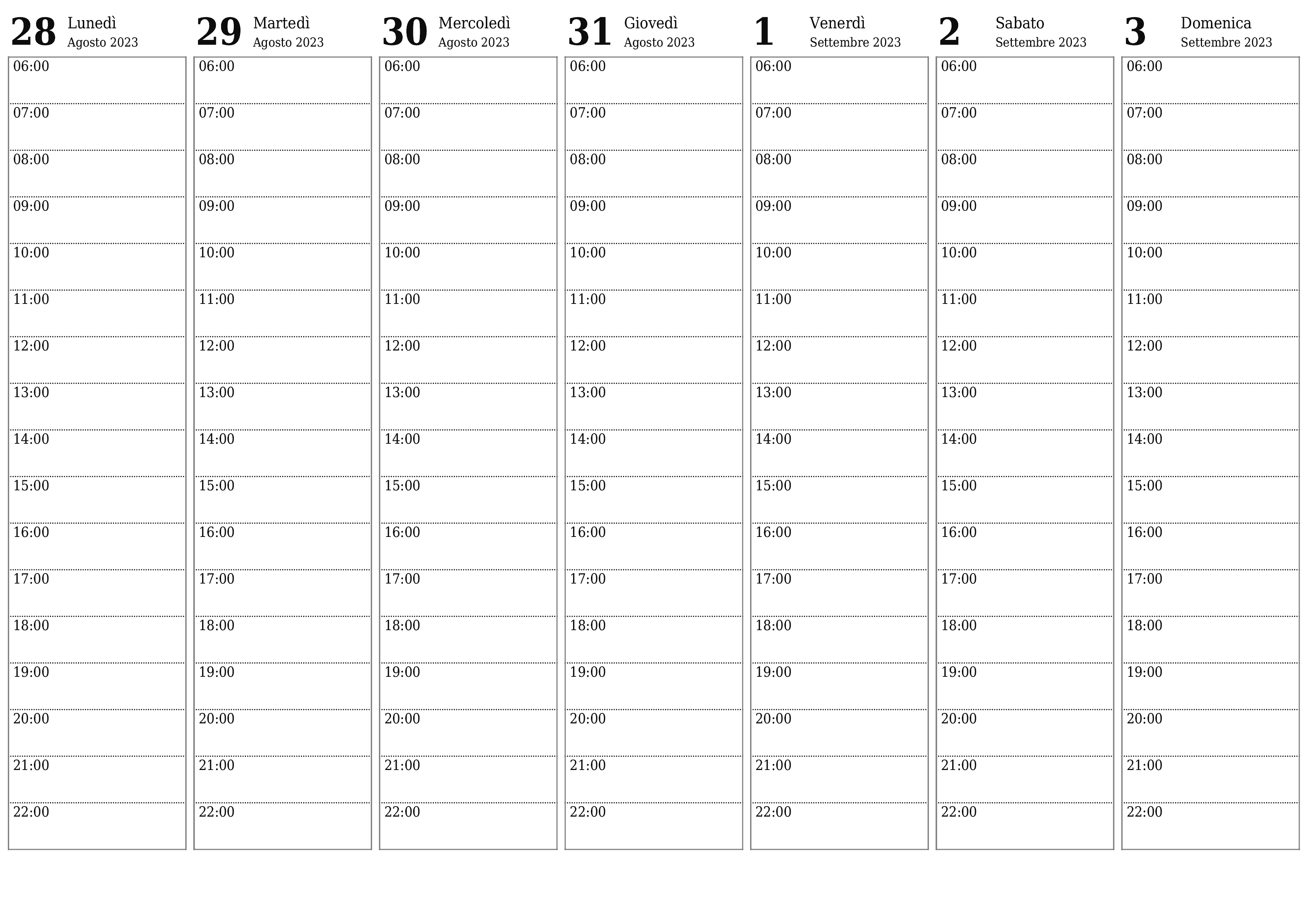 Calendario settimanale vuoto per la settimana Settembre 2023 salva e stampa in PDF PNG Italian - 7calendar.com