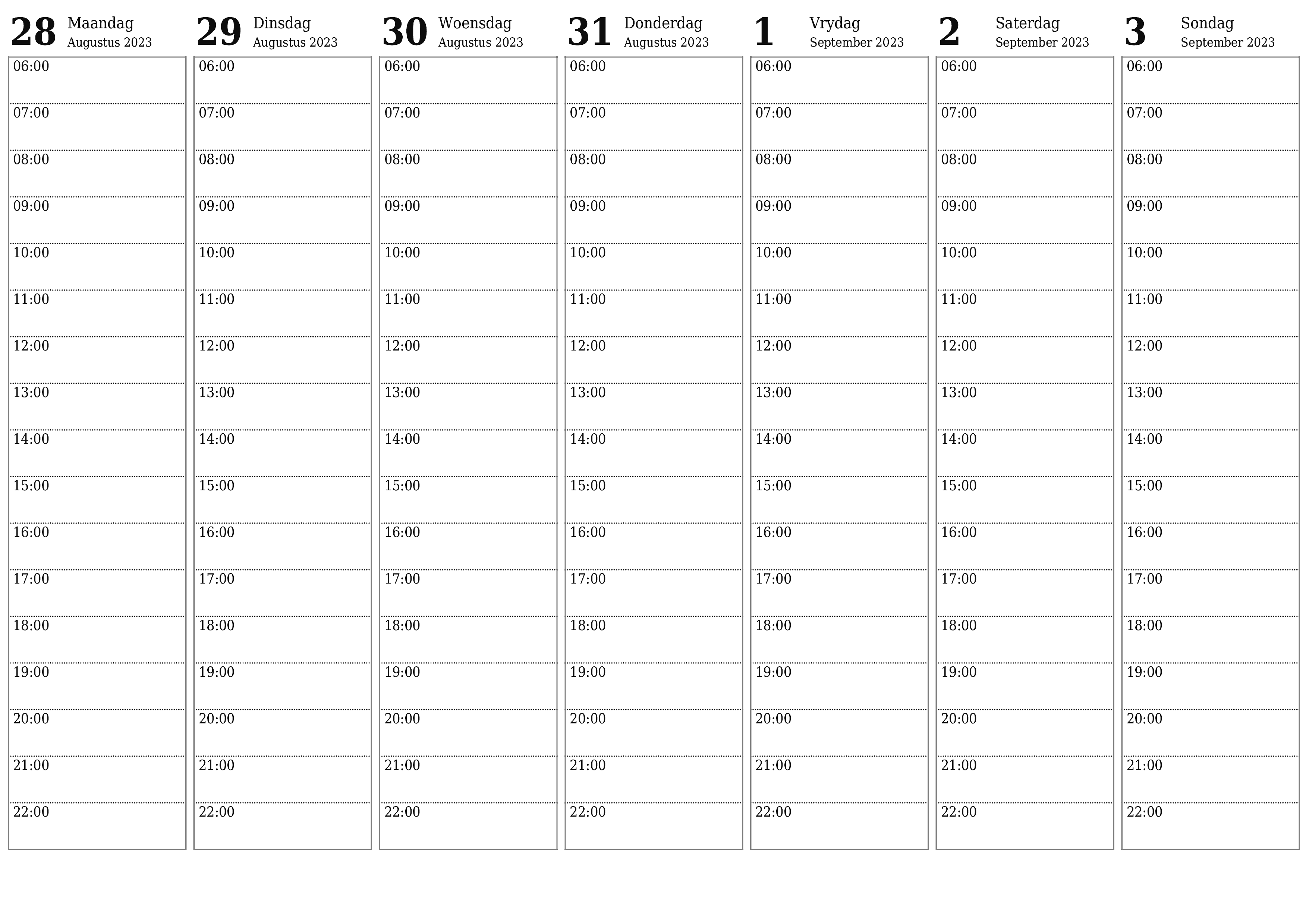 Leë weeklikse drukbare kalender en beplanner vir week September 2023 met notas, stoor en druk na PDF PNG Afrikaans