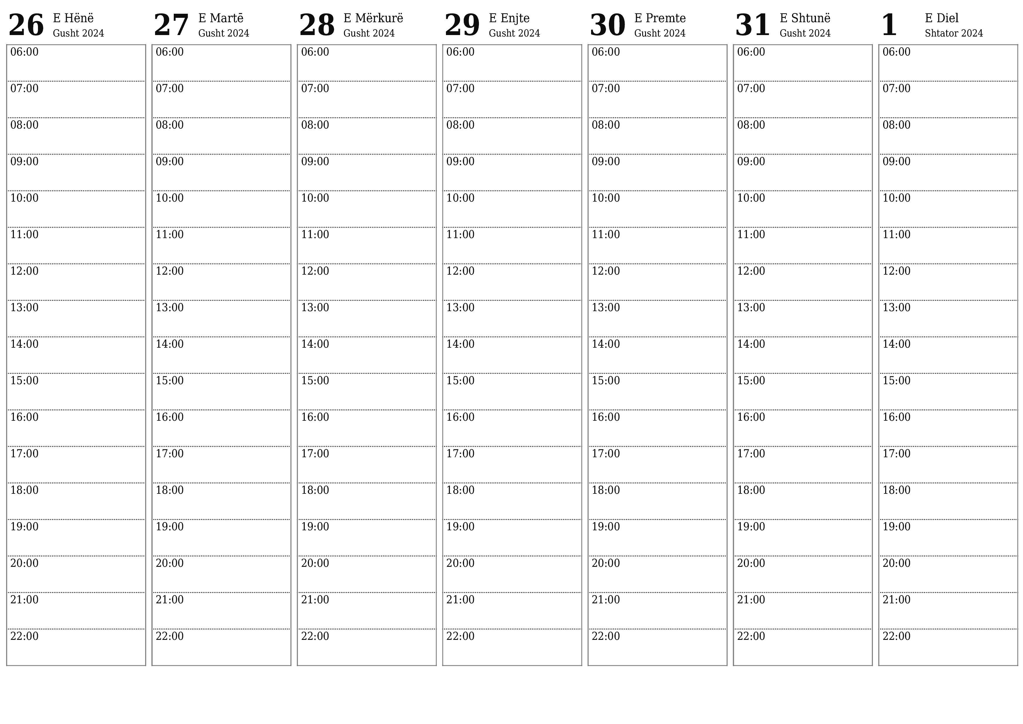 Planifikuesi bosh javor i kalendarit për javë Shtator 2024 me shënime, ruani dhe printoni në PDF PNG Albanian