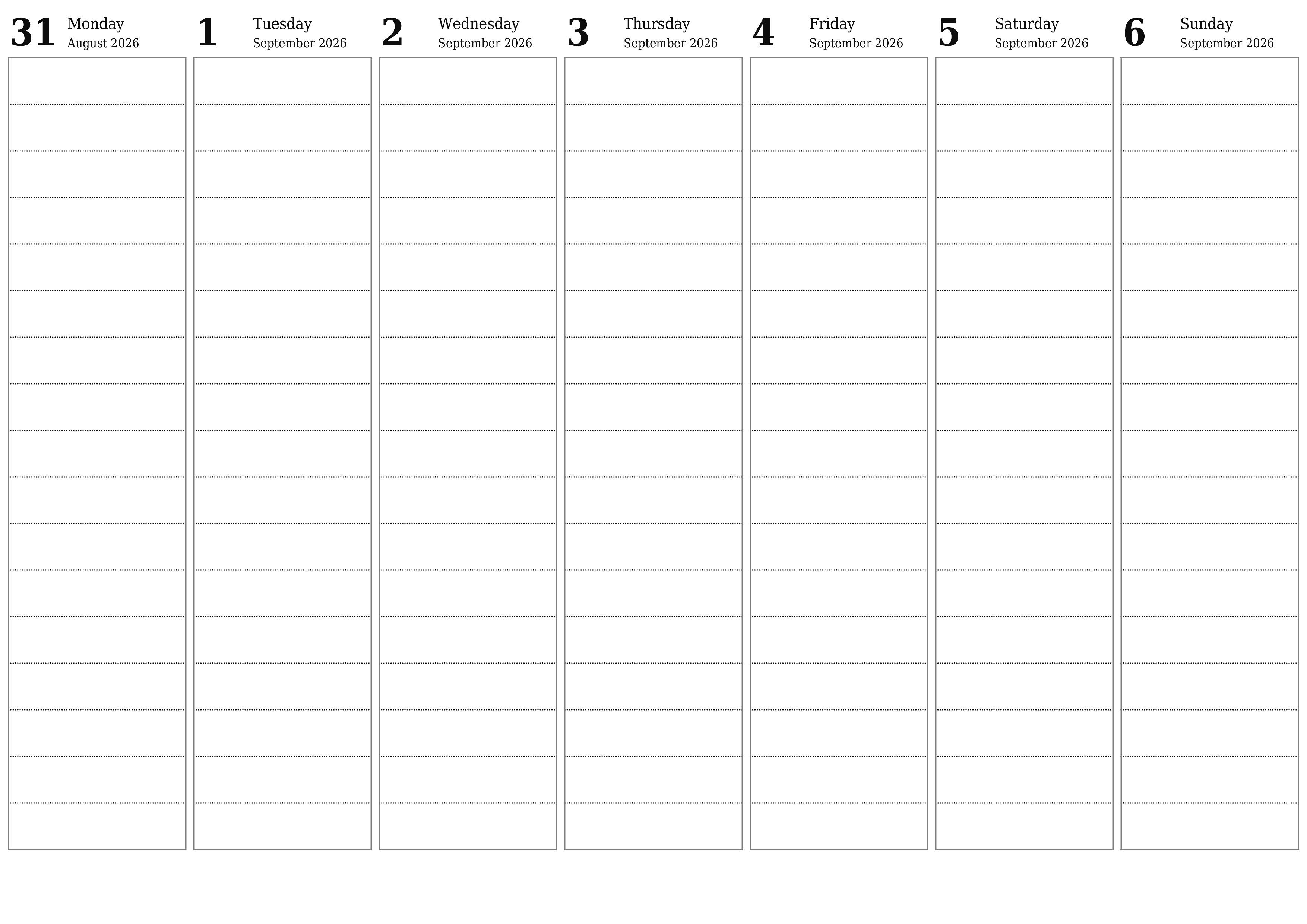 Blank weekly printable calendar and planner for week September 2026 with notes, save and print to PDF PNG English