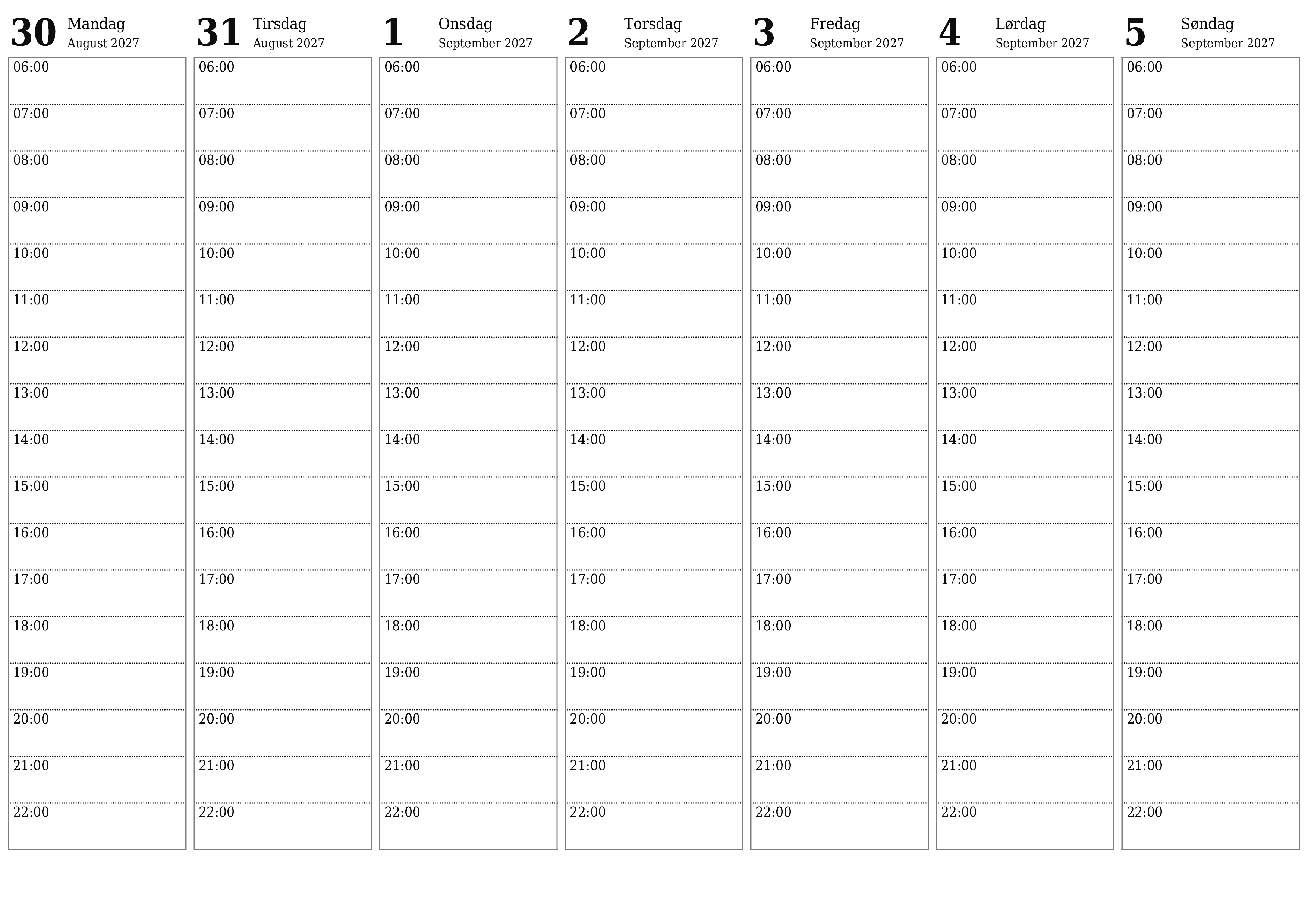 Tom ugentlig planlægger i uger September 2027 med noter, gem og udskriv til PDF PNG Danish