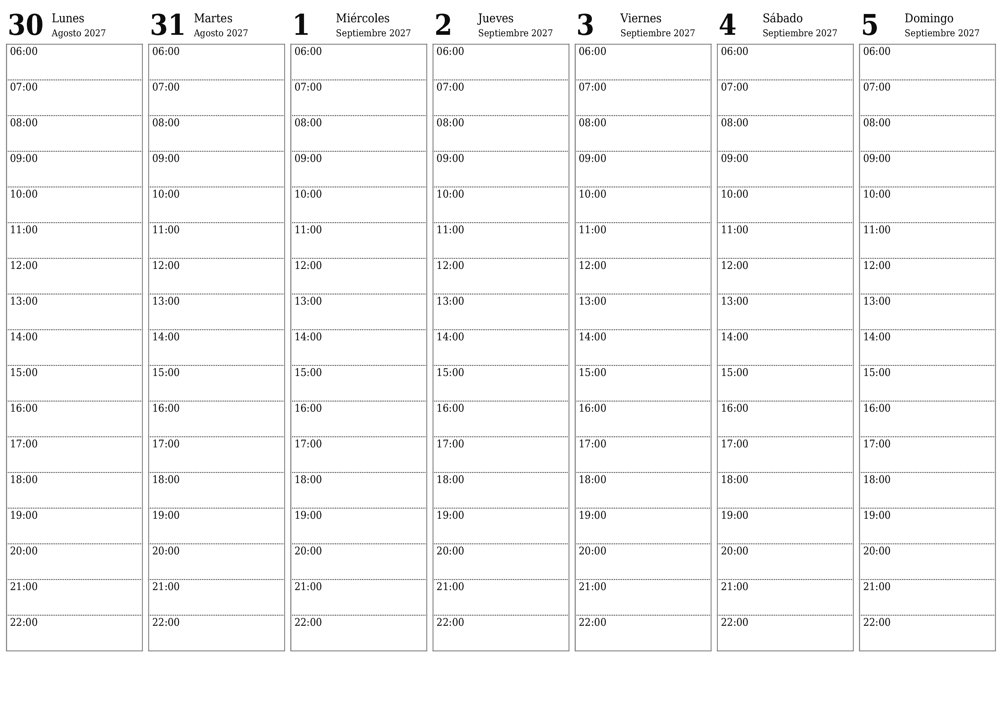 Planificador semanal vacío para semanas Septiembre 2027 con notas, guardar e imprimir en PDF PNG Spanish