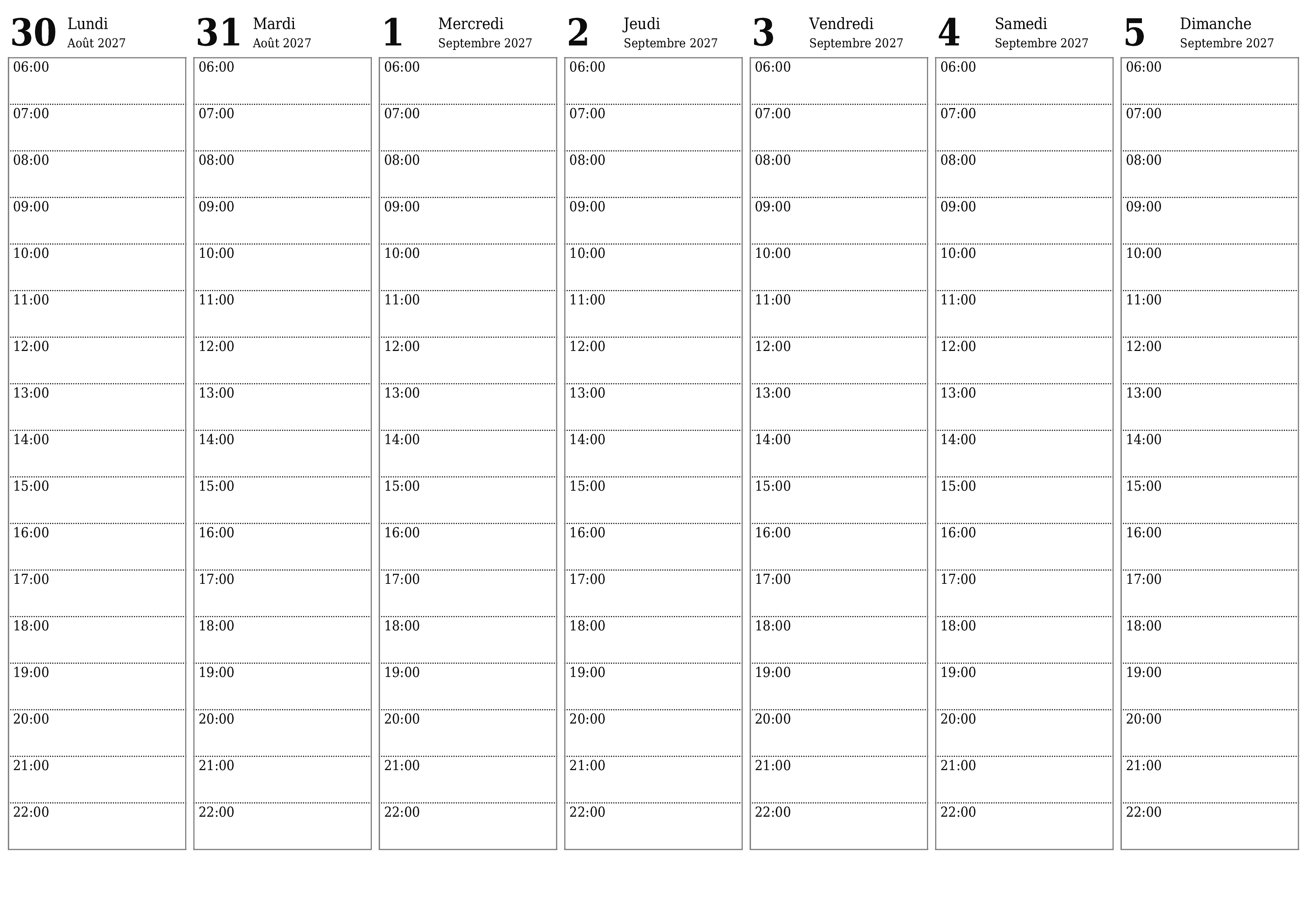 Agenda hebdomadaire vide pendant des semaines Septembre 2027 avec notes, enregistrez et imprimez au format PDF PNG French