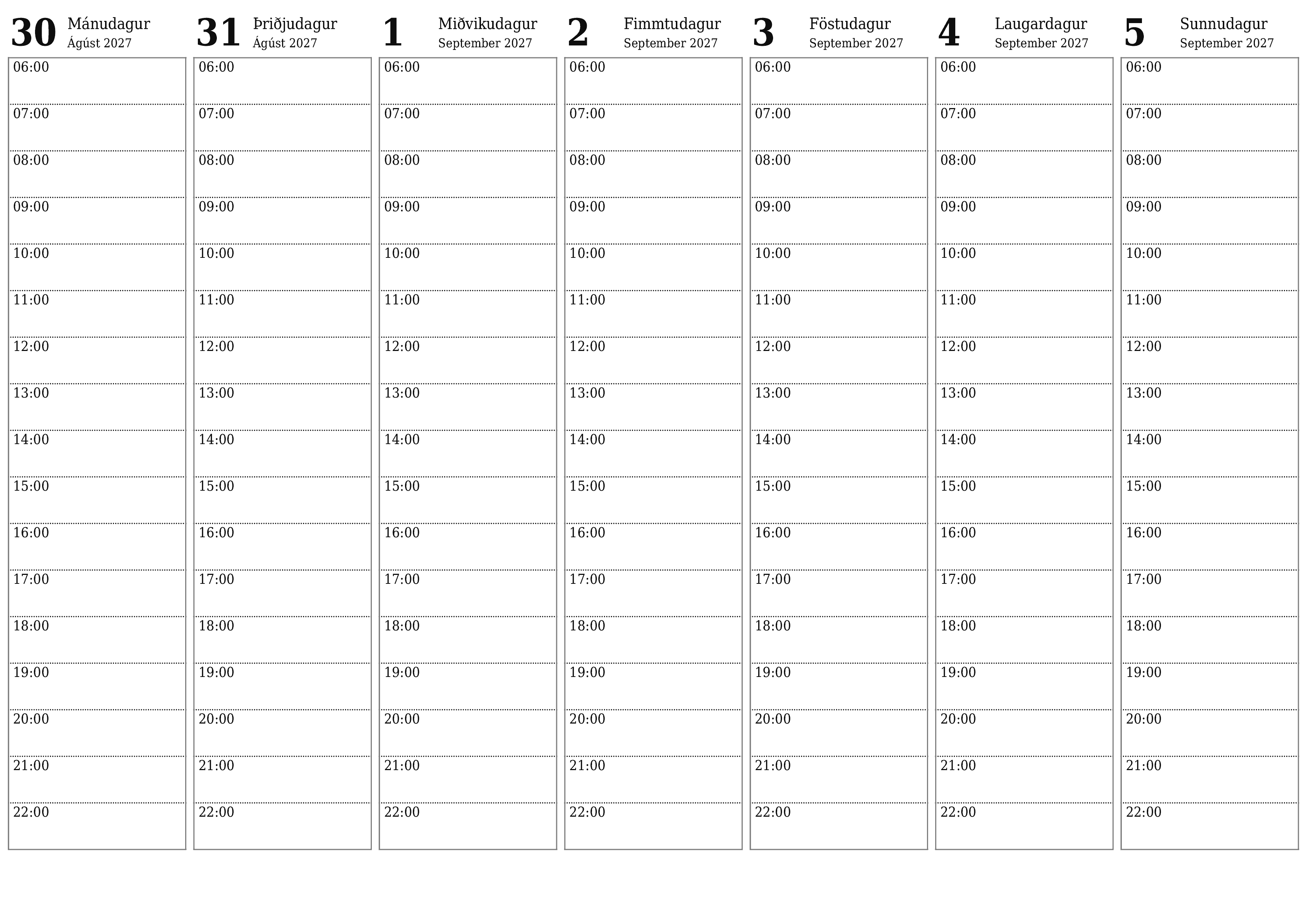 Tómur vikulegur skipuleggjandi vikum saman September 2027 með athugasemdum, vistaðu og prentaðu á PDF PNG Icelandic