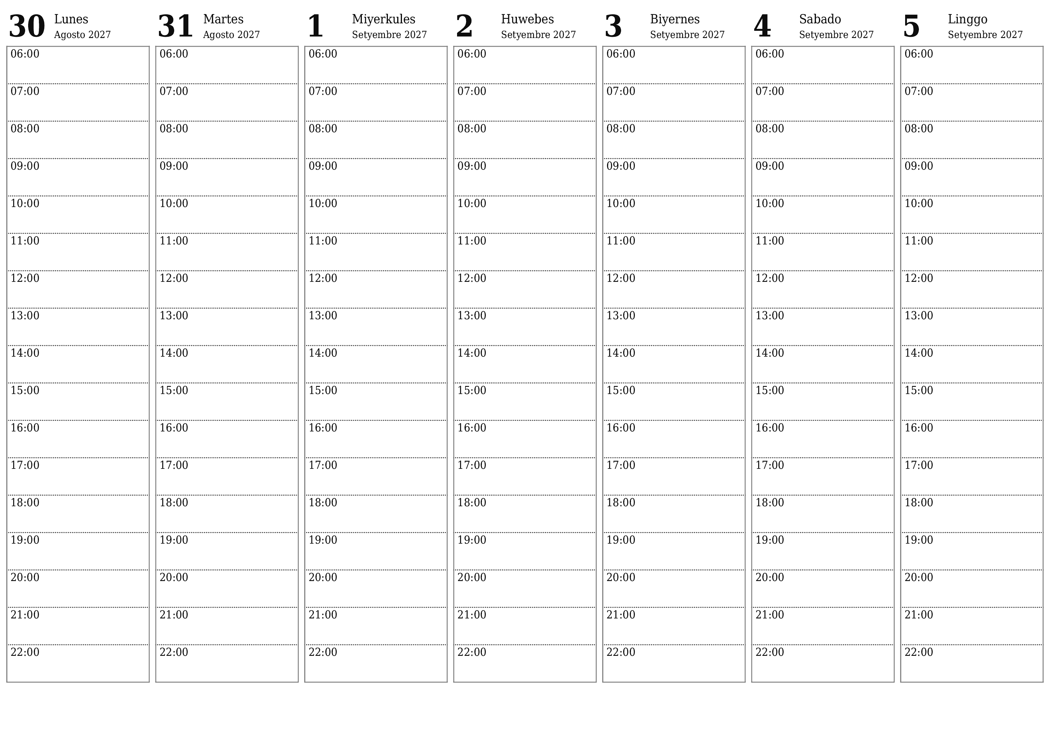 Walang laman lingguhang tagaplano para sa mga linggo Setyembre 2027 na may mga tala, i-save at i-print sa PDF PNG Filipino