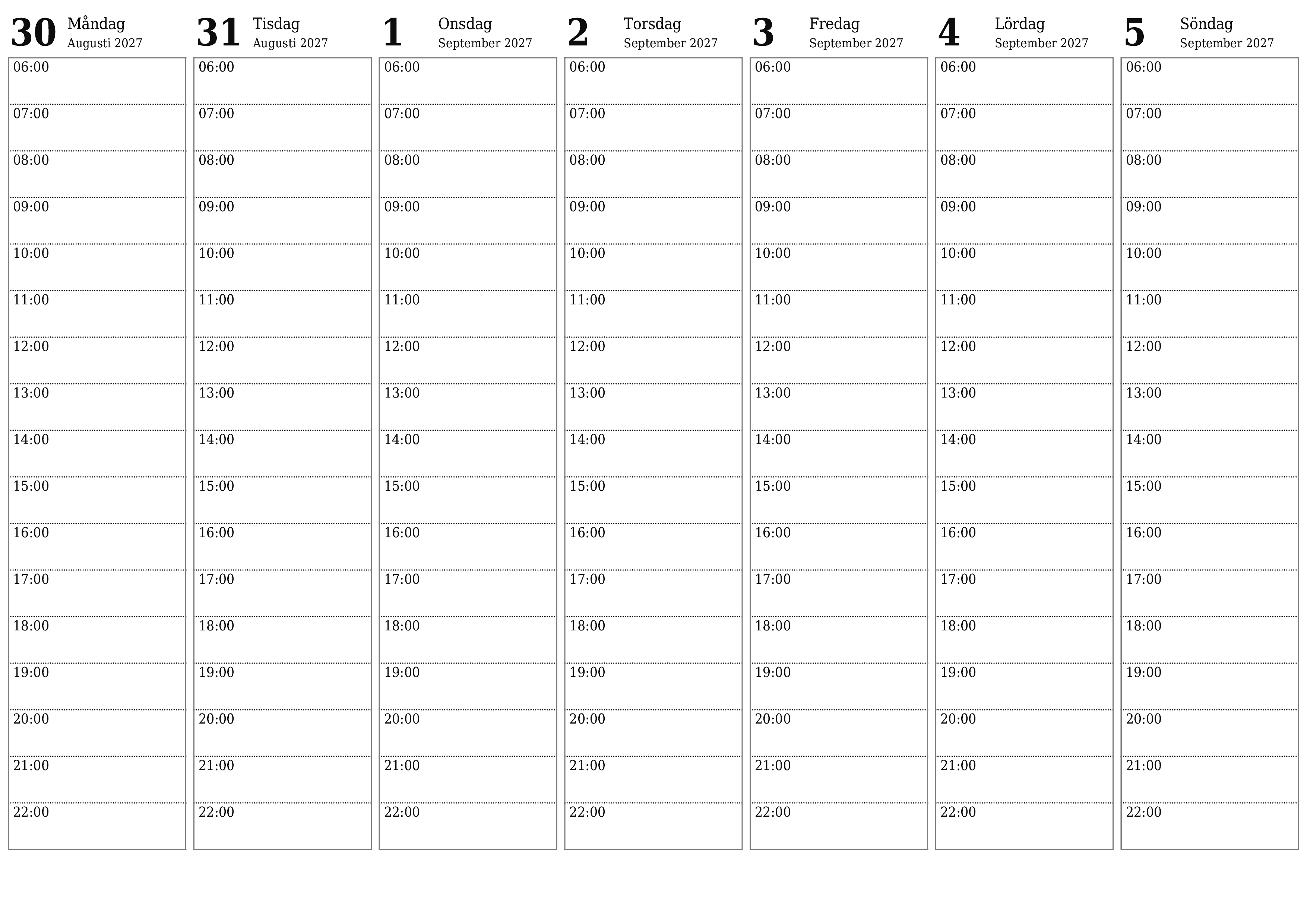 Töm veckoplaneraren i veckor September 2027 med anteckningar, spara och skriv ut till PDF PNG Swedish