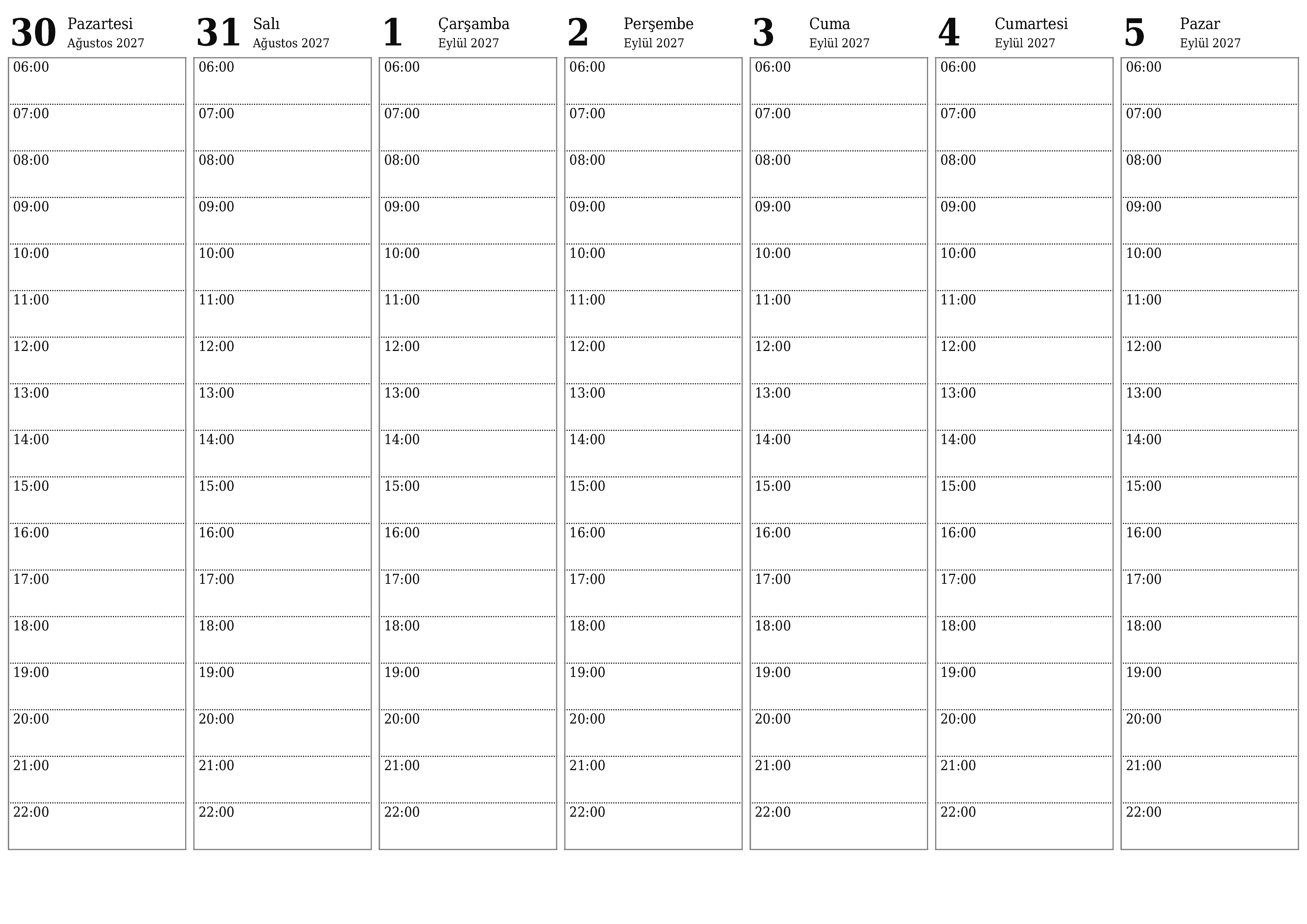 Haftalar için notlarla boş haftalık planlayıcı Eylül 2027, kaydedin ve PDF'ye yazdırın PNG Turkish