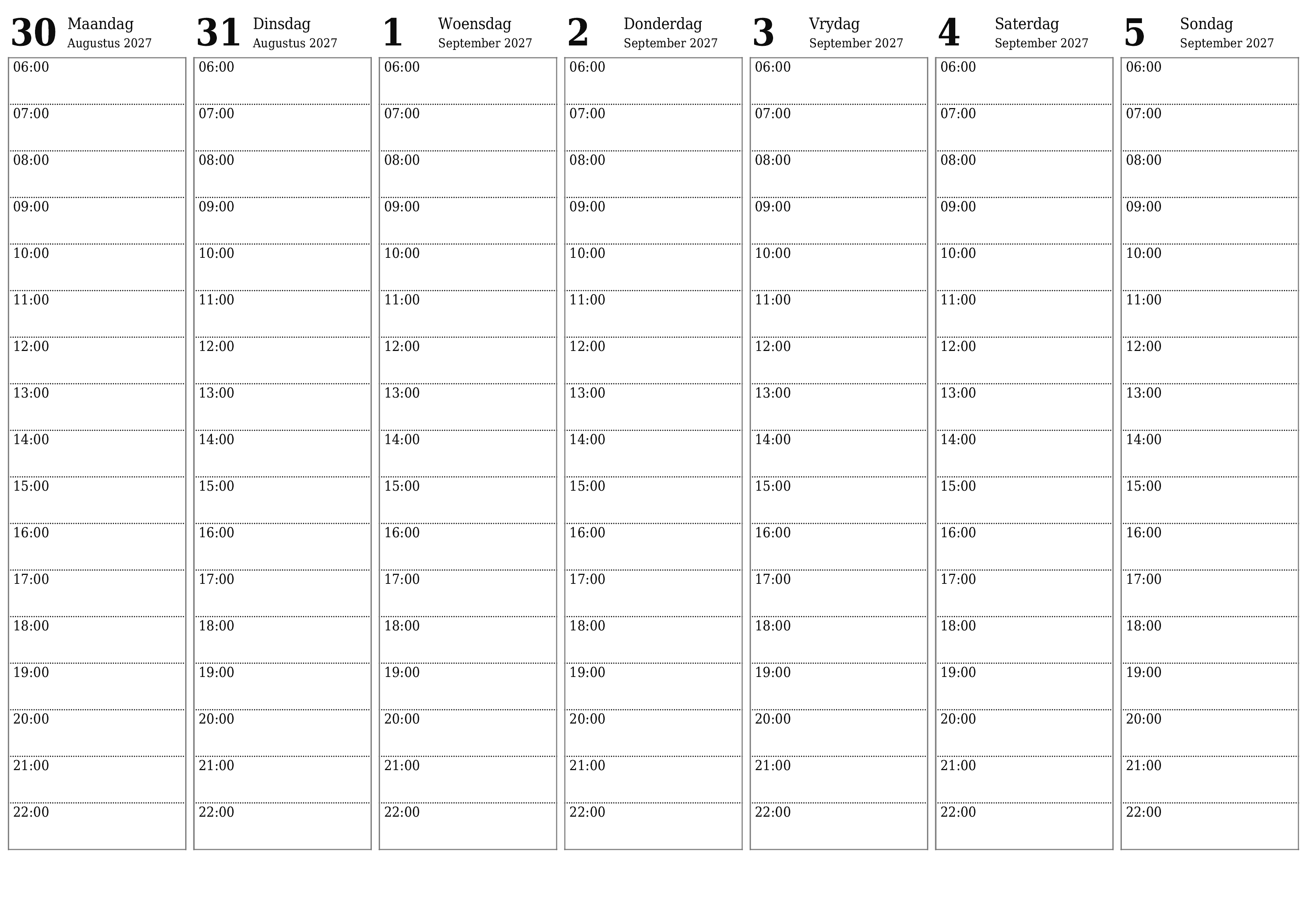 Leë weeklikse drukbare kalender en beplanner vir week September 2027 met notas, stoor en druk na PDF PNG Afrikaans