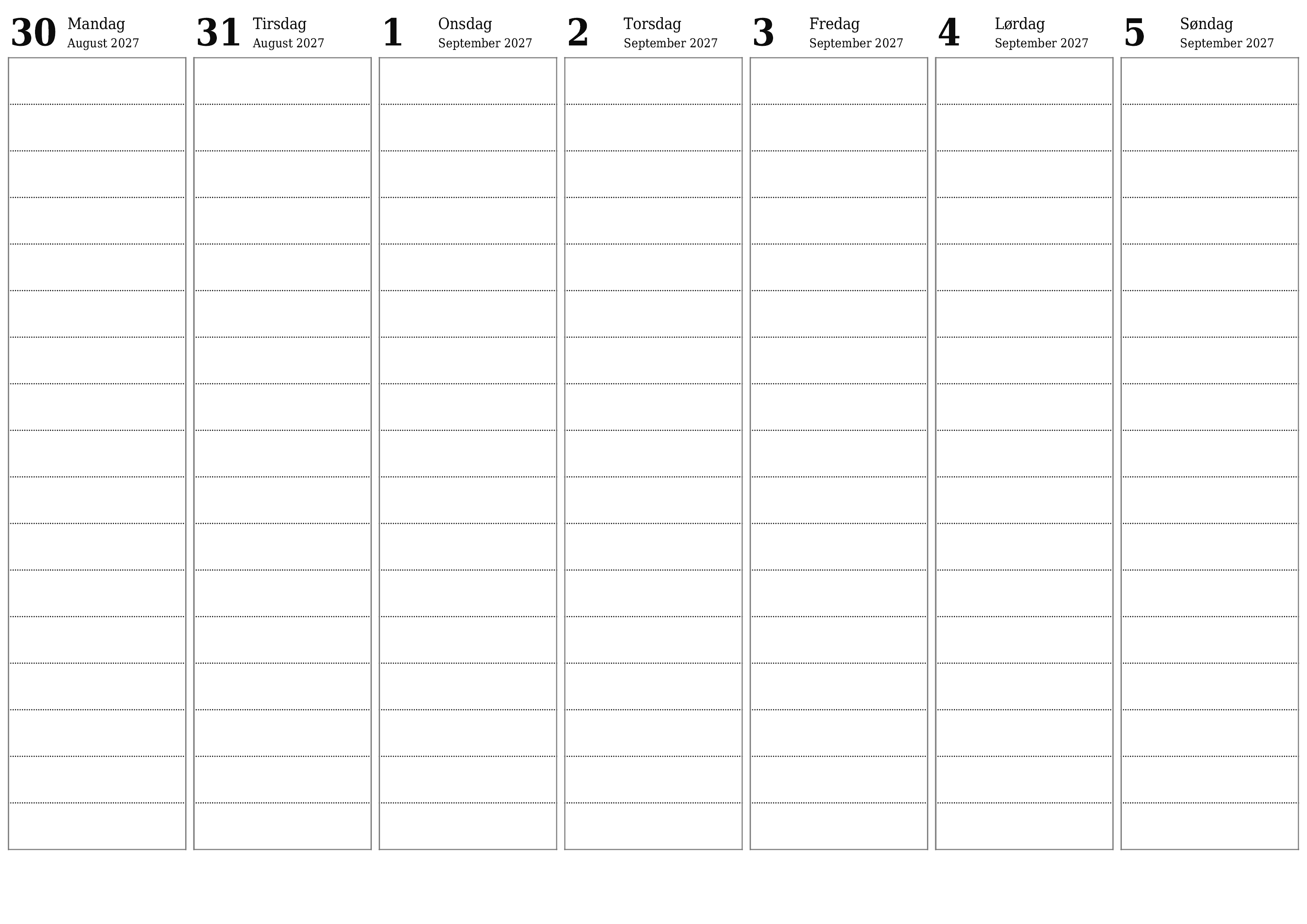 Tom ugentlig planlægger i uger September 2027 med noter, gem og udskriv til PDF PNG Danish