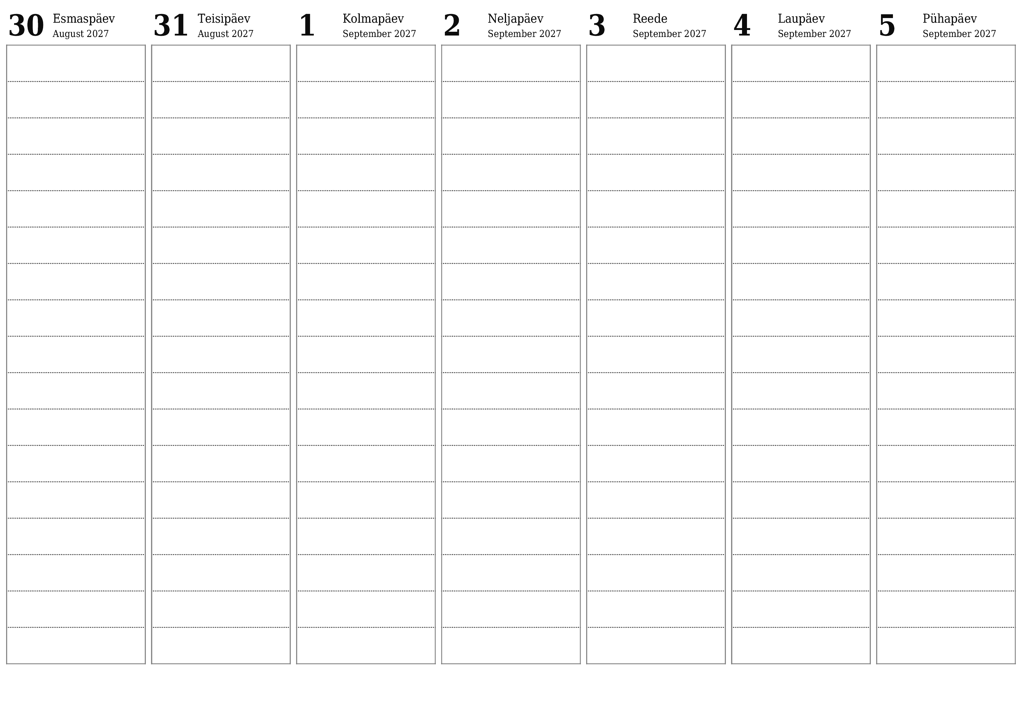 Tühjendage nädala planeerija nädalaid September 2027 märkmetega, salvestage ja printige PDF-i PNG Estonian