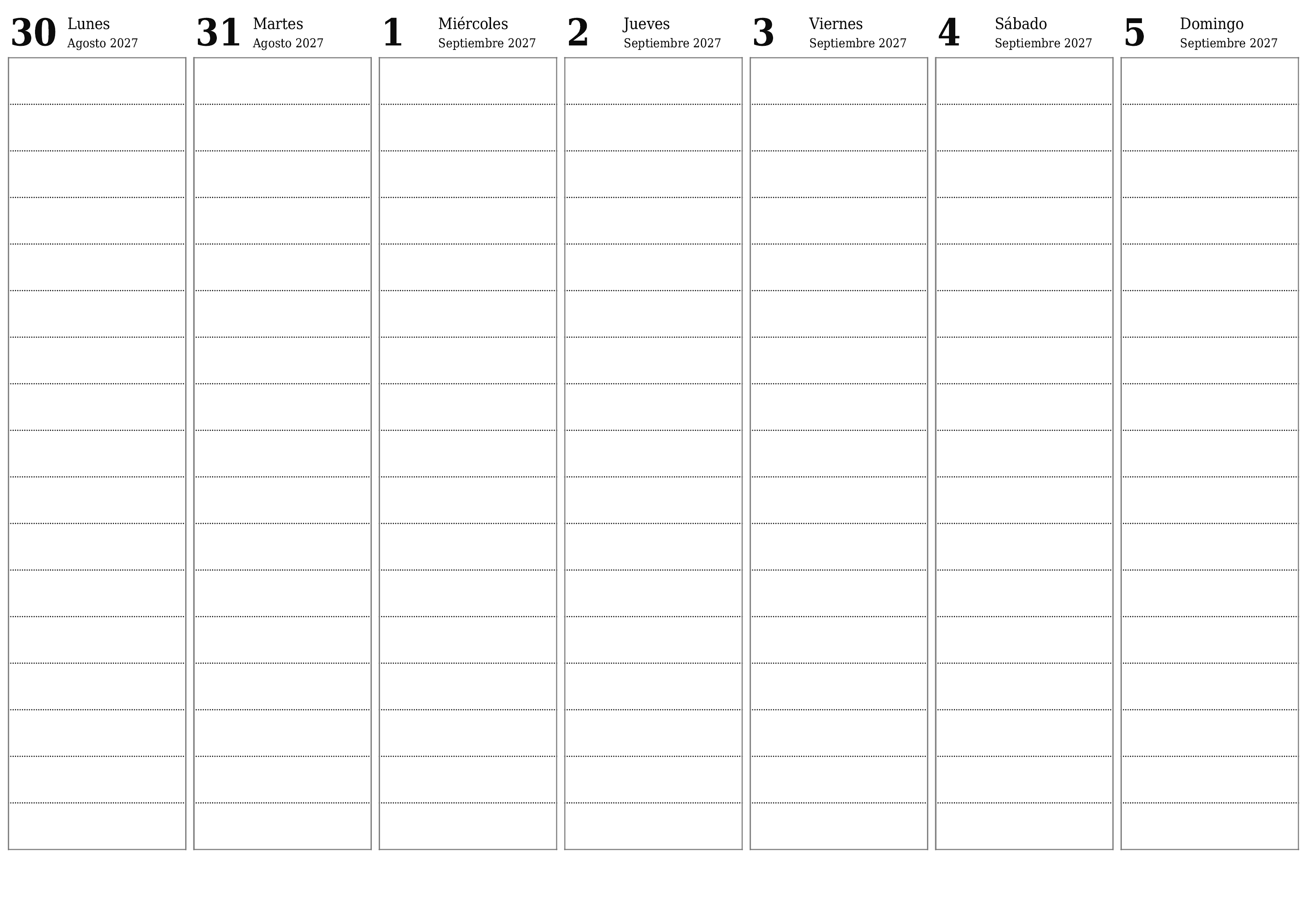 Planificador semanal vacío para semanas Septiembre 2027 con notas, guardar e imprimir en PDF PNG Spanish