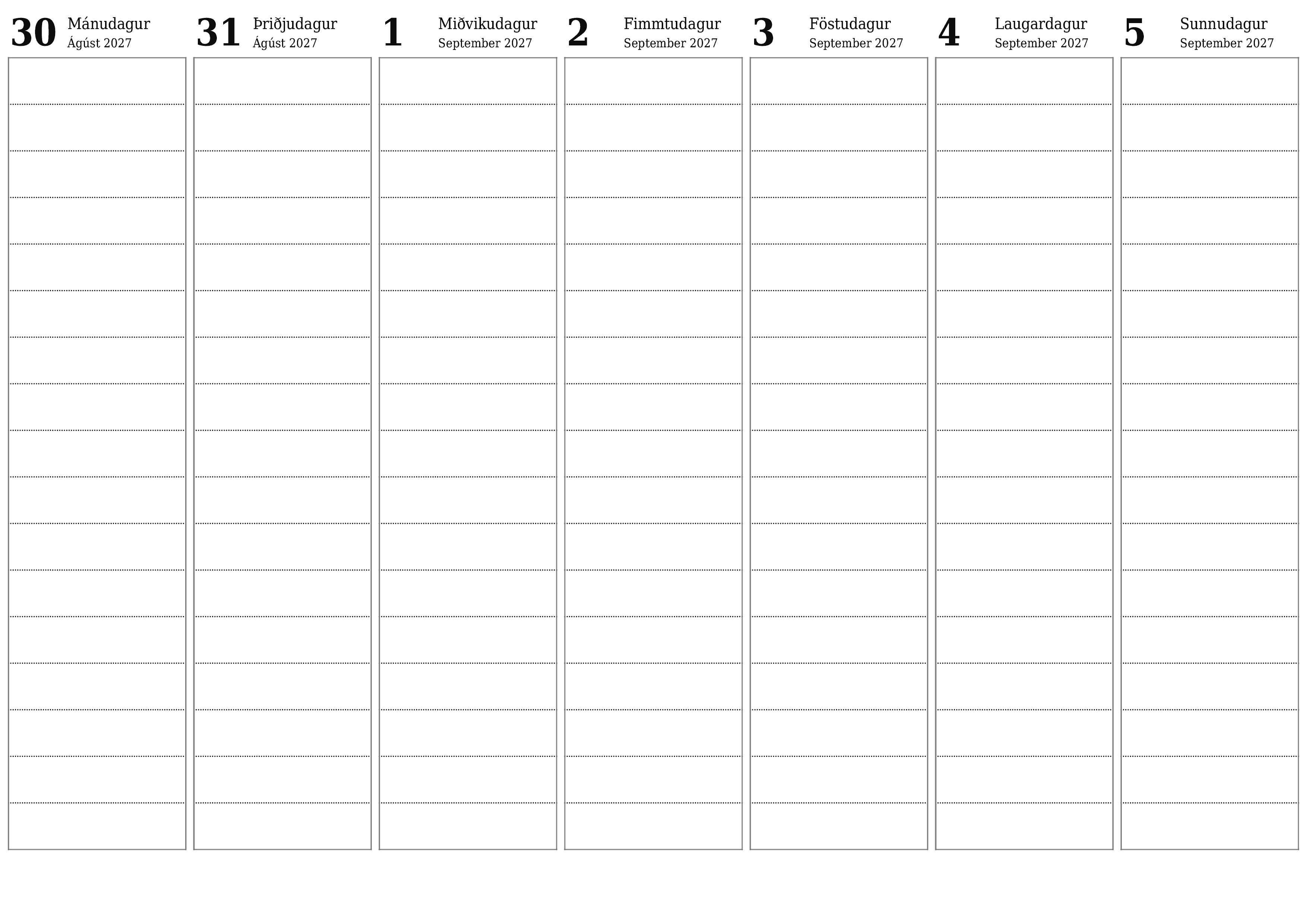 Tómur vikulegur skipuleggjandi vikum saman September 2027 með athugasemdum, vistaðu og prentaðu á PDF PNG Icelandic