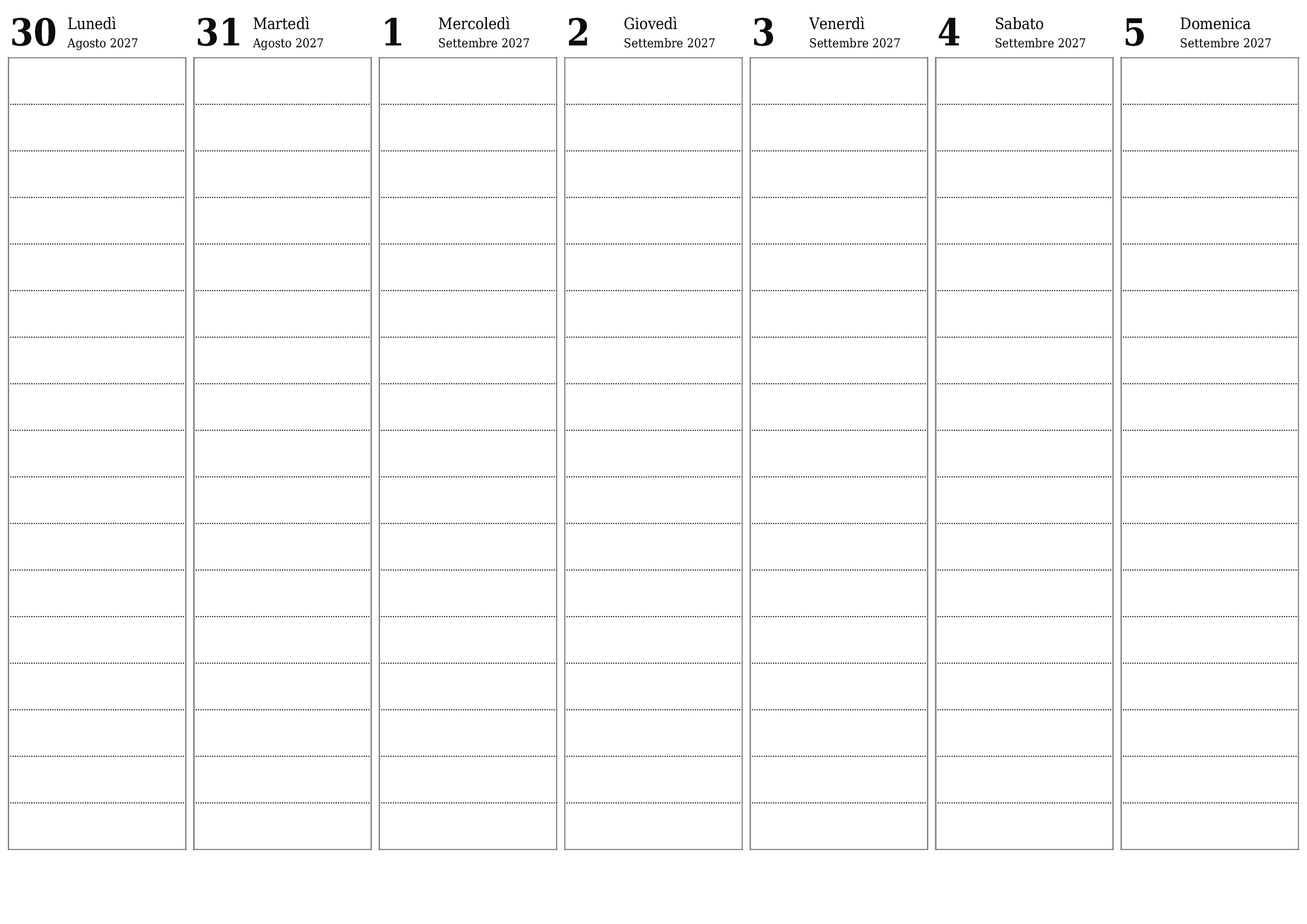 Agenda settimanale vuota per settimane Settembre 2027 con note, salva e stampa in PDF PNG Italian